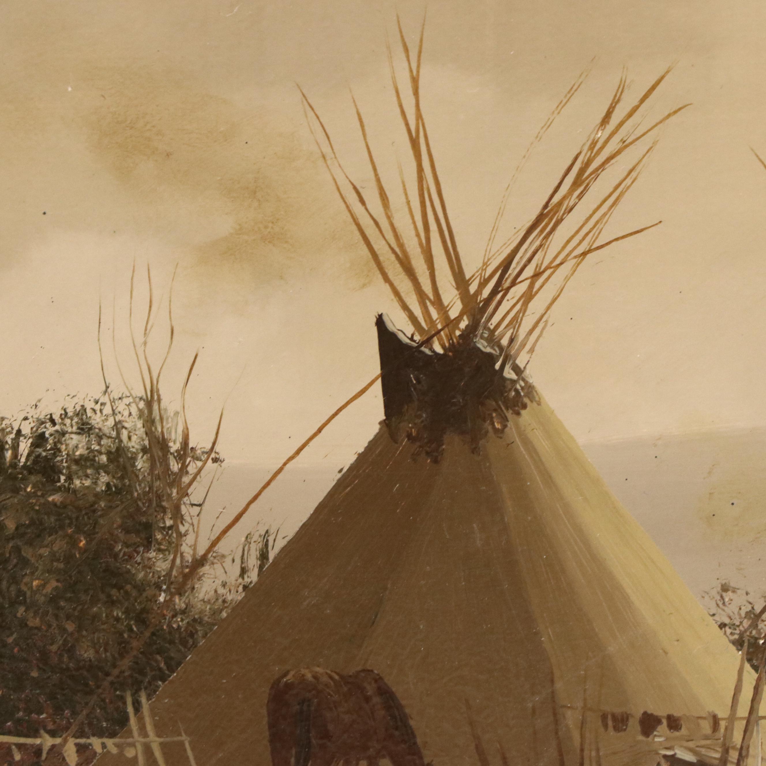 Thomas A. DeDecker Oil Painting of Crow Encampment, Late 20th Century