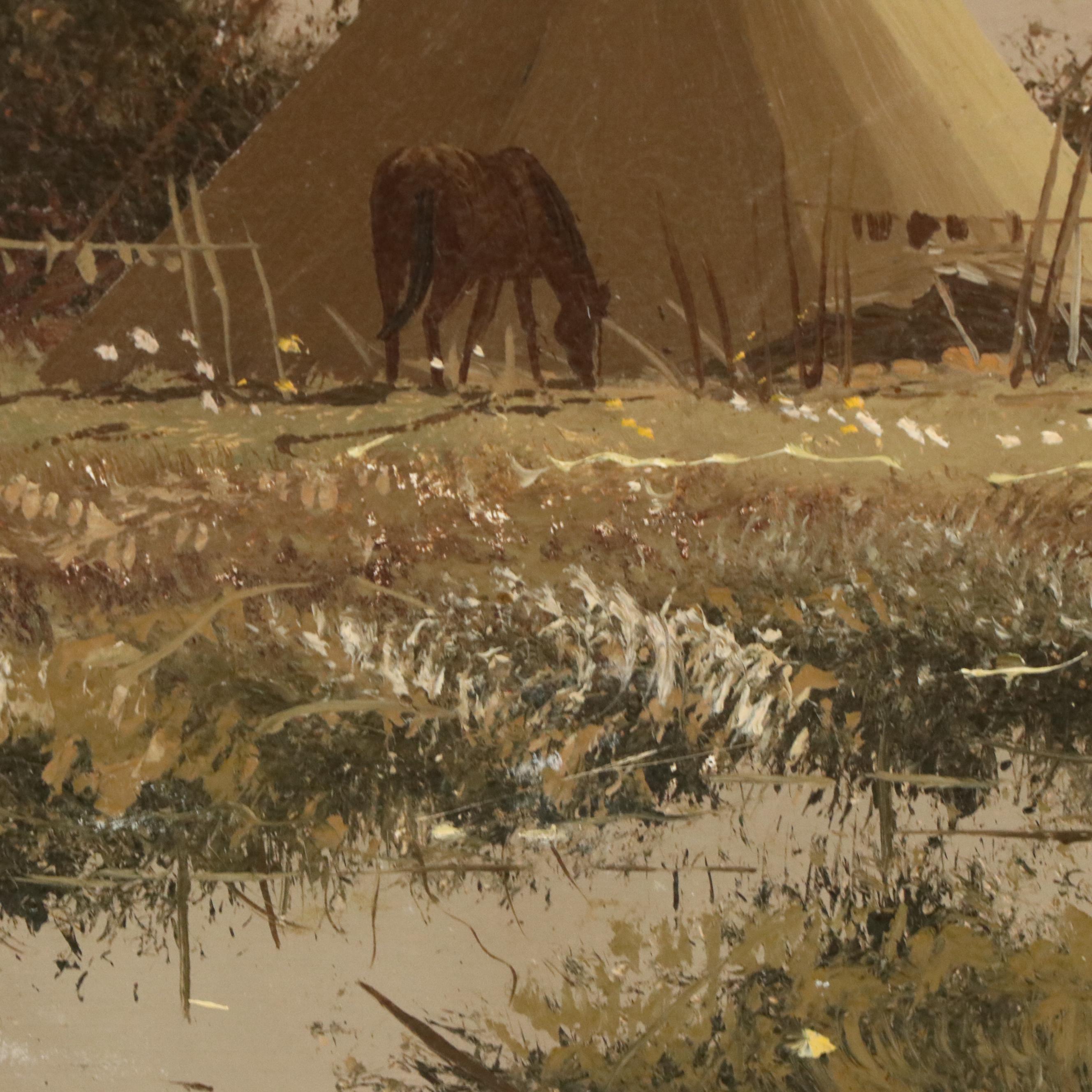 Thomas A. DeDecker Oil Painting of Crow Encampment, Late 20th Century