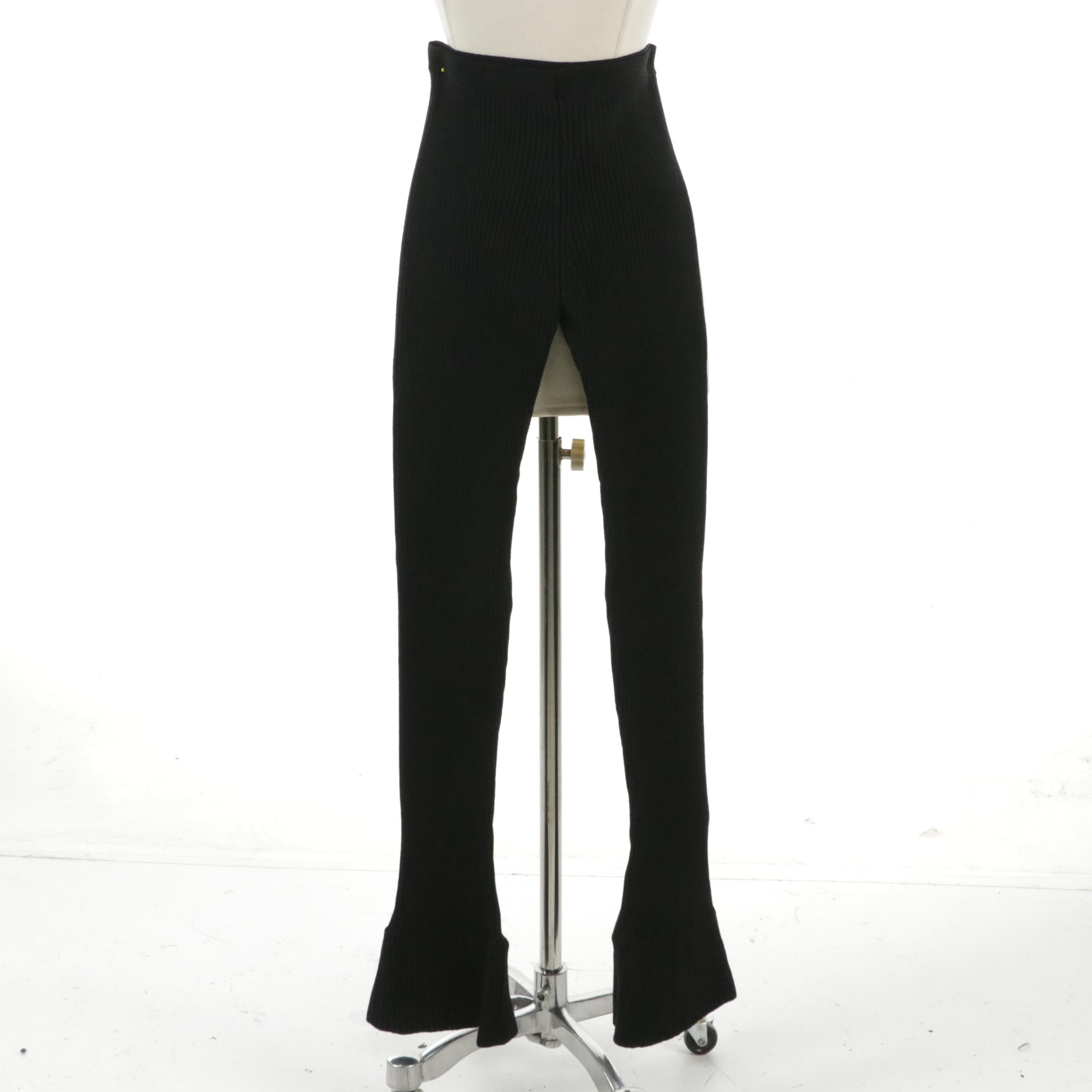 Prada Black Wool Rib Knit Flared Leggings, With Tag
