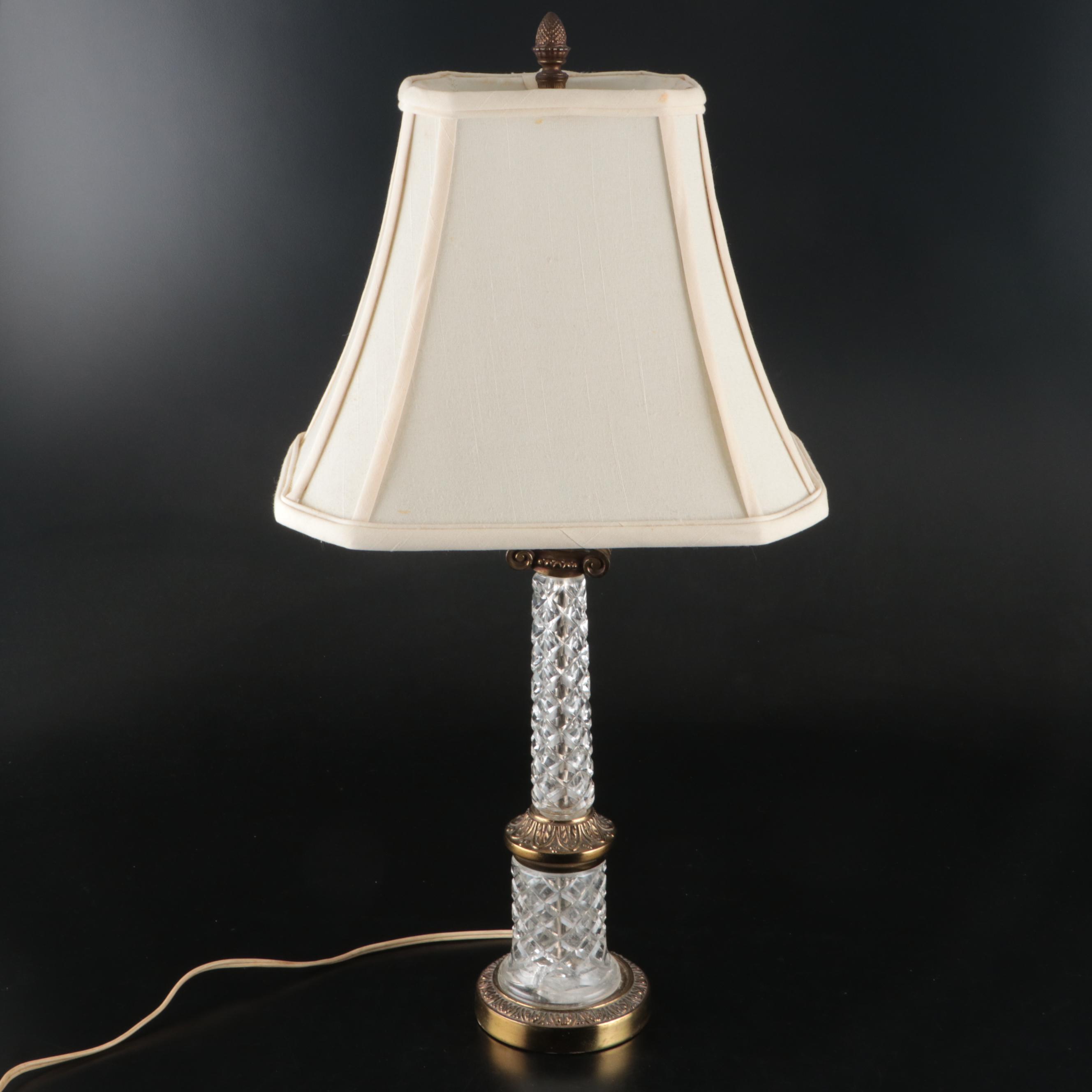 Neoclassical Style Cut Glass and Brass Finish Table Lamp with Silk Bell Shade