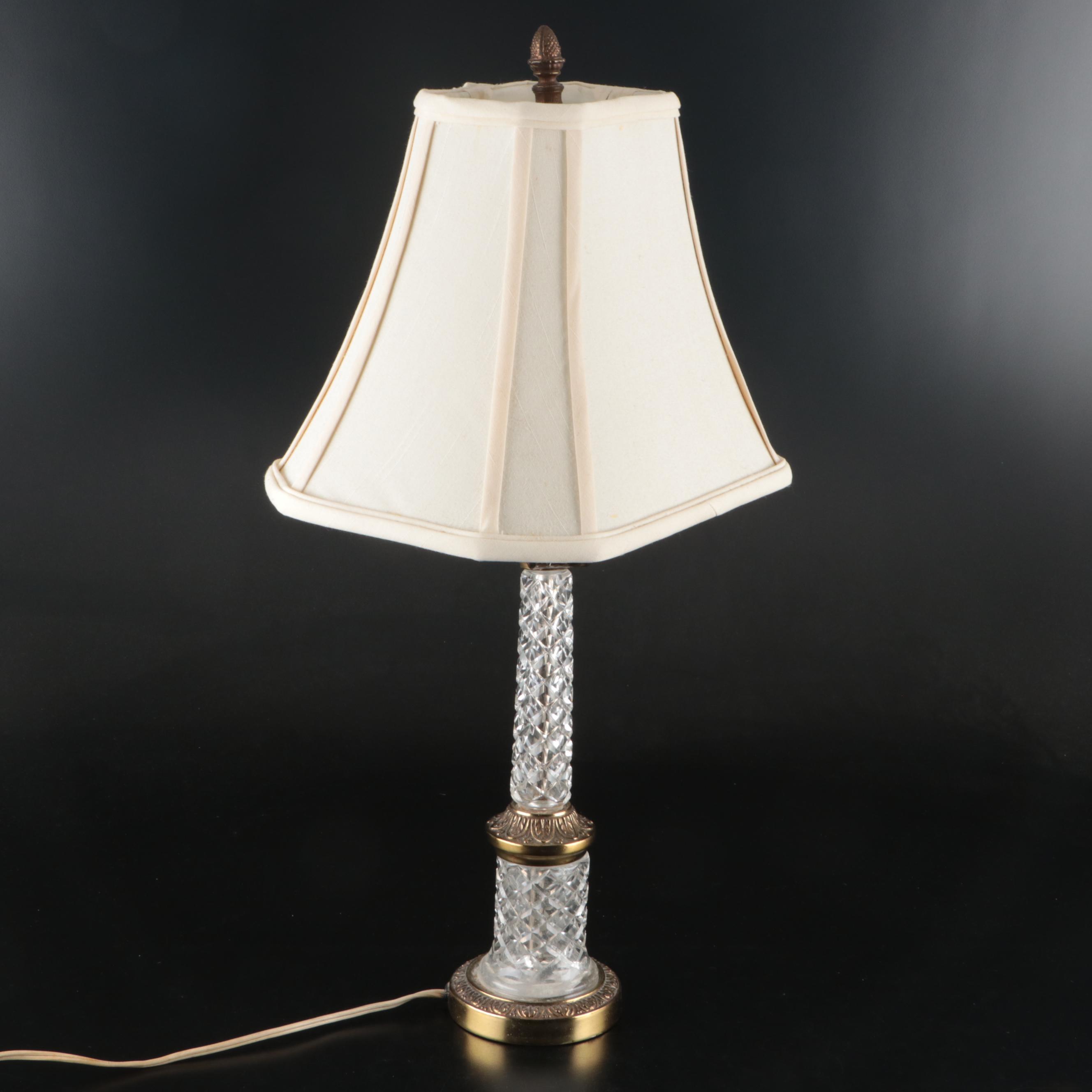 Neoclassical Style Cut Glass and Brass Finish Table Lamp with Silk Bell Shade