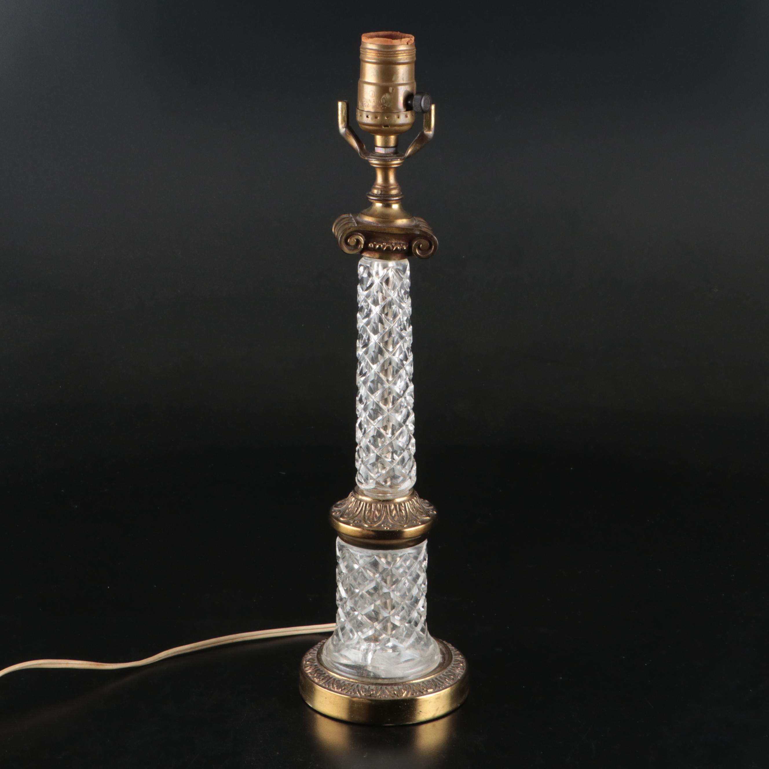 Neoclassical Style Cut Glass and Brass Finish Table Lamp with Silk Bell Shade