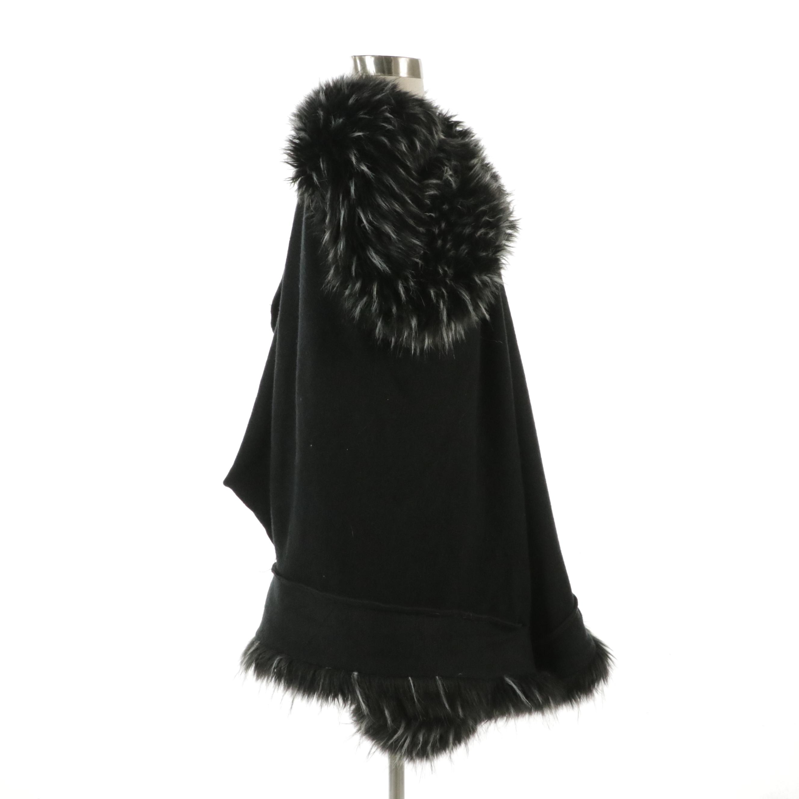 Black Knit Cape Shawl with Faux Fur Trim