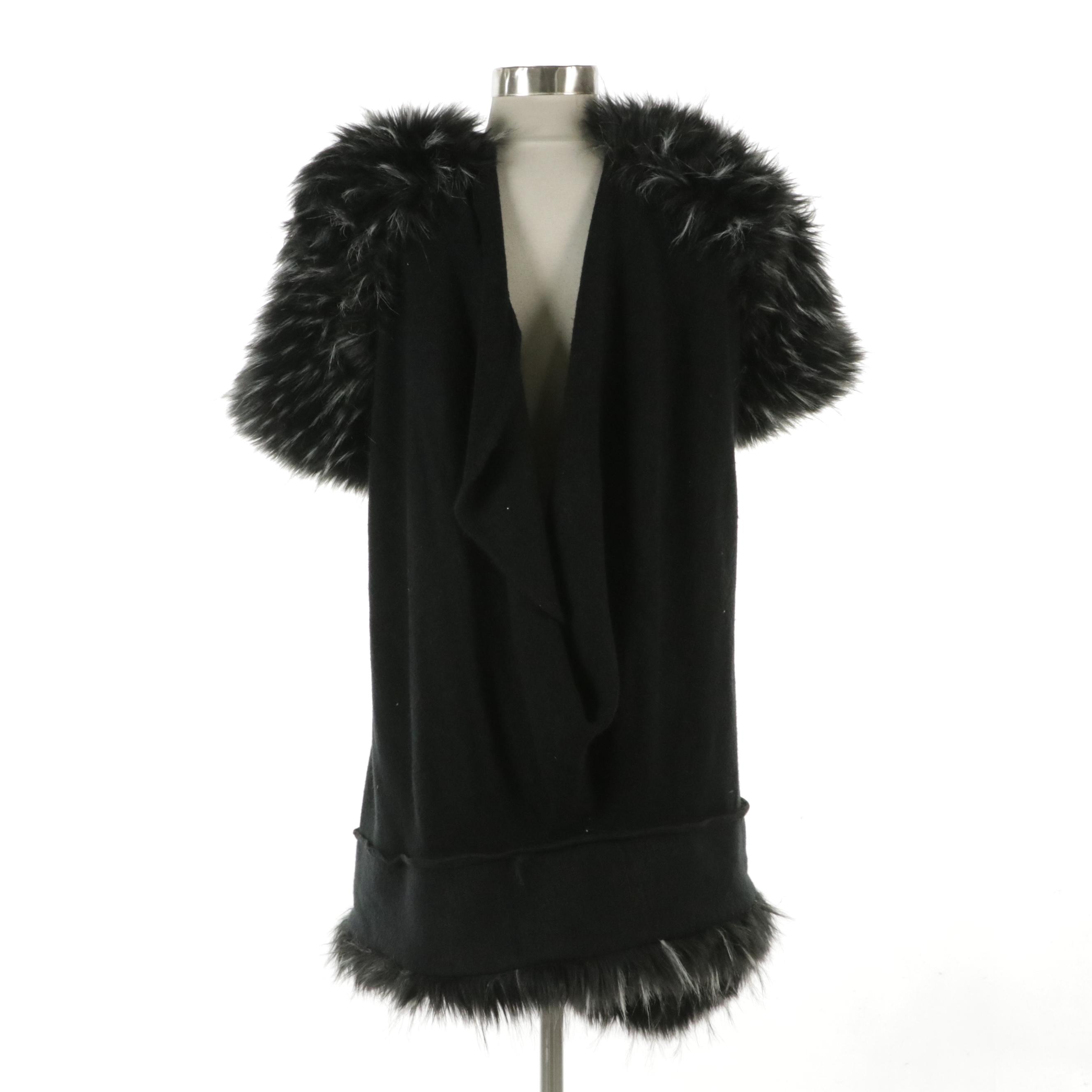 Black Knit Cape Shawl with Faux Fur Trim