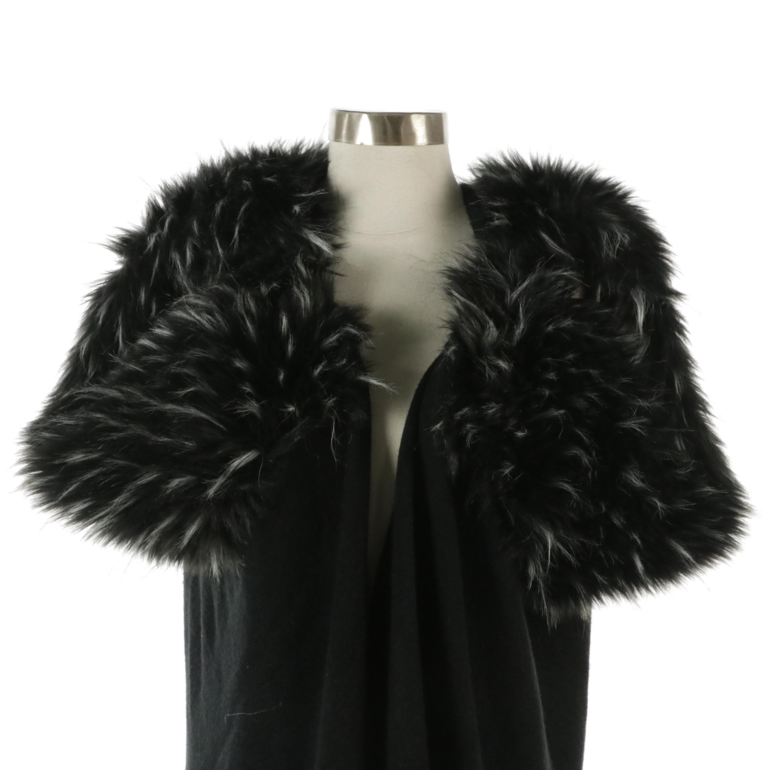 Black Knit Cape Shawl with Faux Fur Trim
