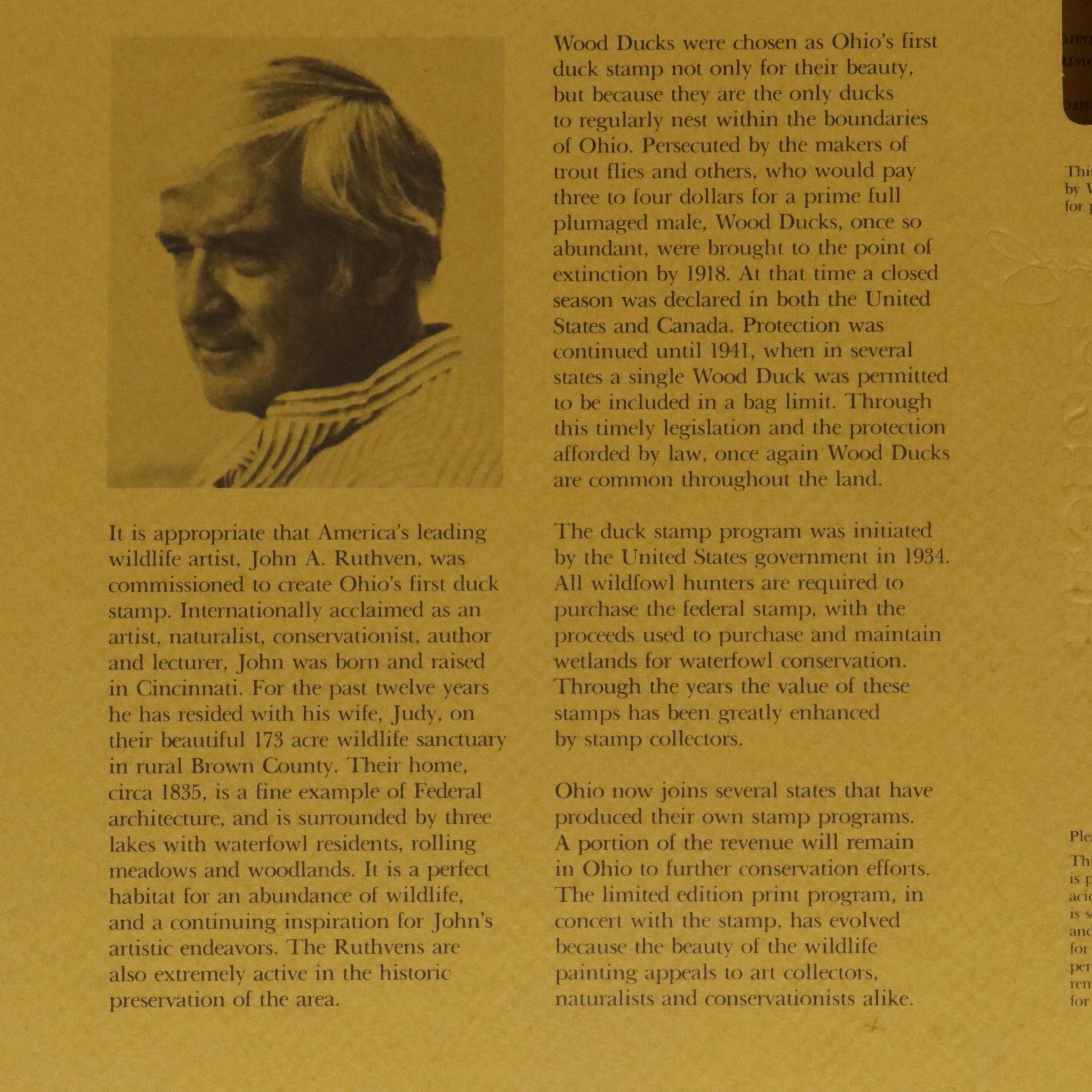 John A. Ruthven Offset Lithograph "Wood Duck" Ohio Duck Stamp, 1982