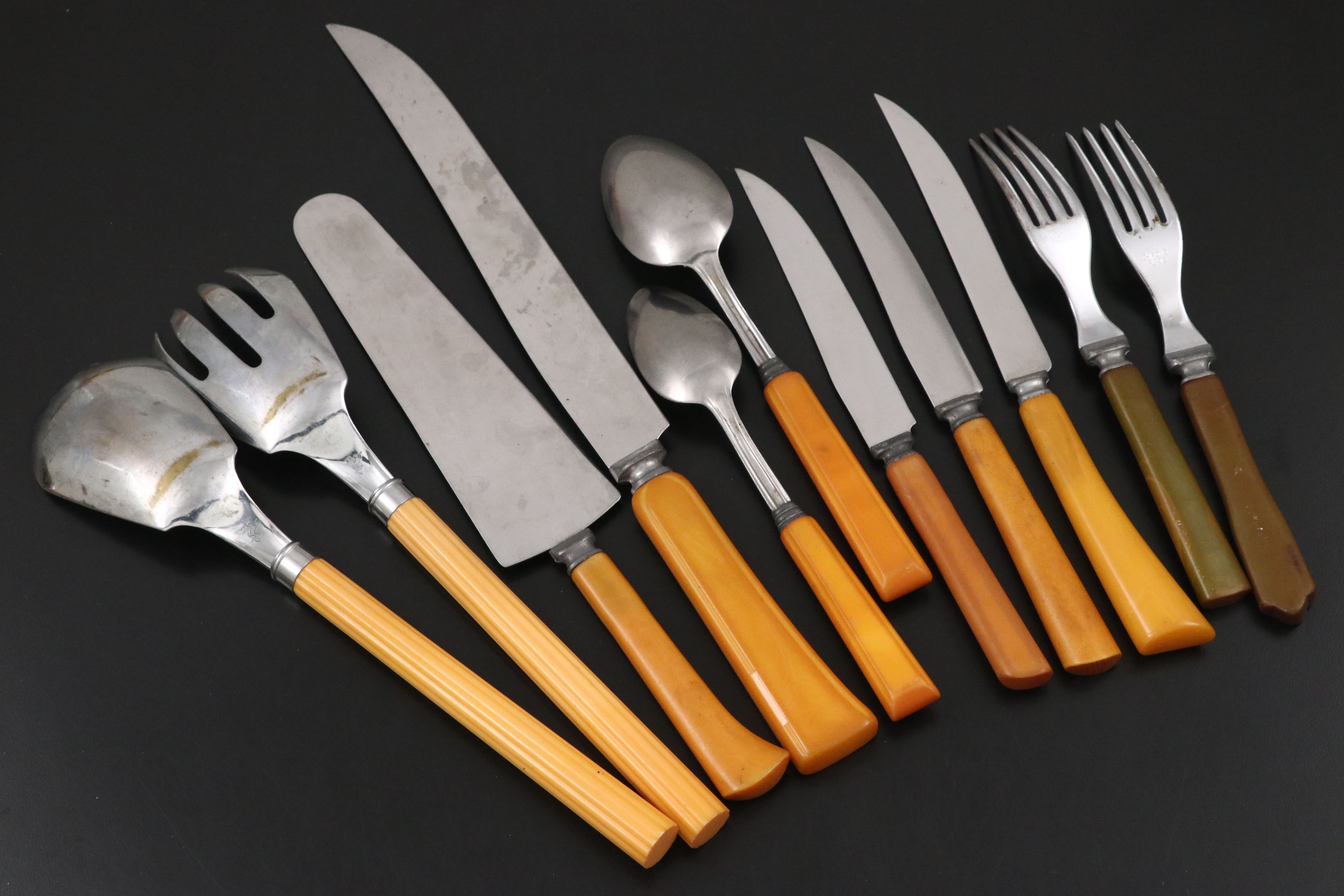 Burns Butterscotch and Other Bakelite Handled Flatware and Serving Utensils