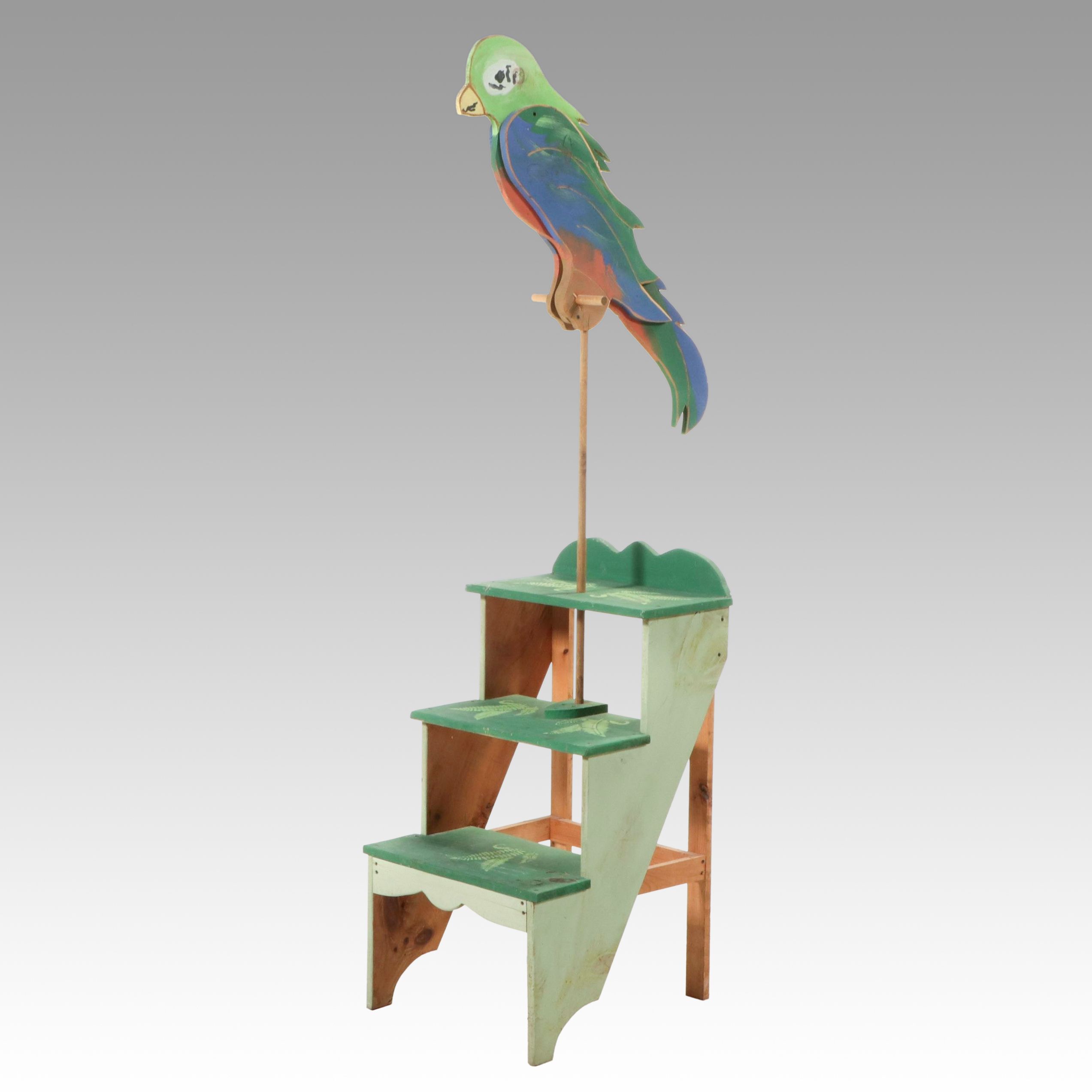 Handmade Polychrome Wood Parrot on Modified Step Stool Base