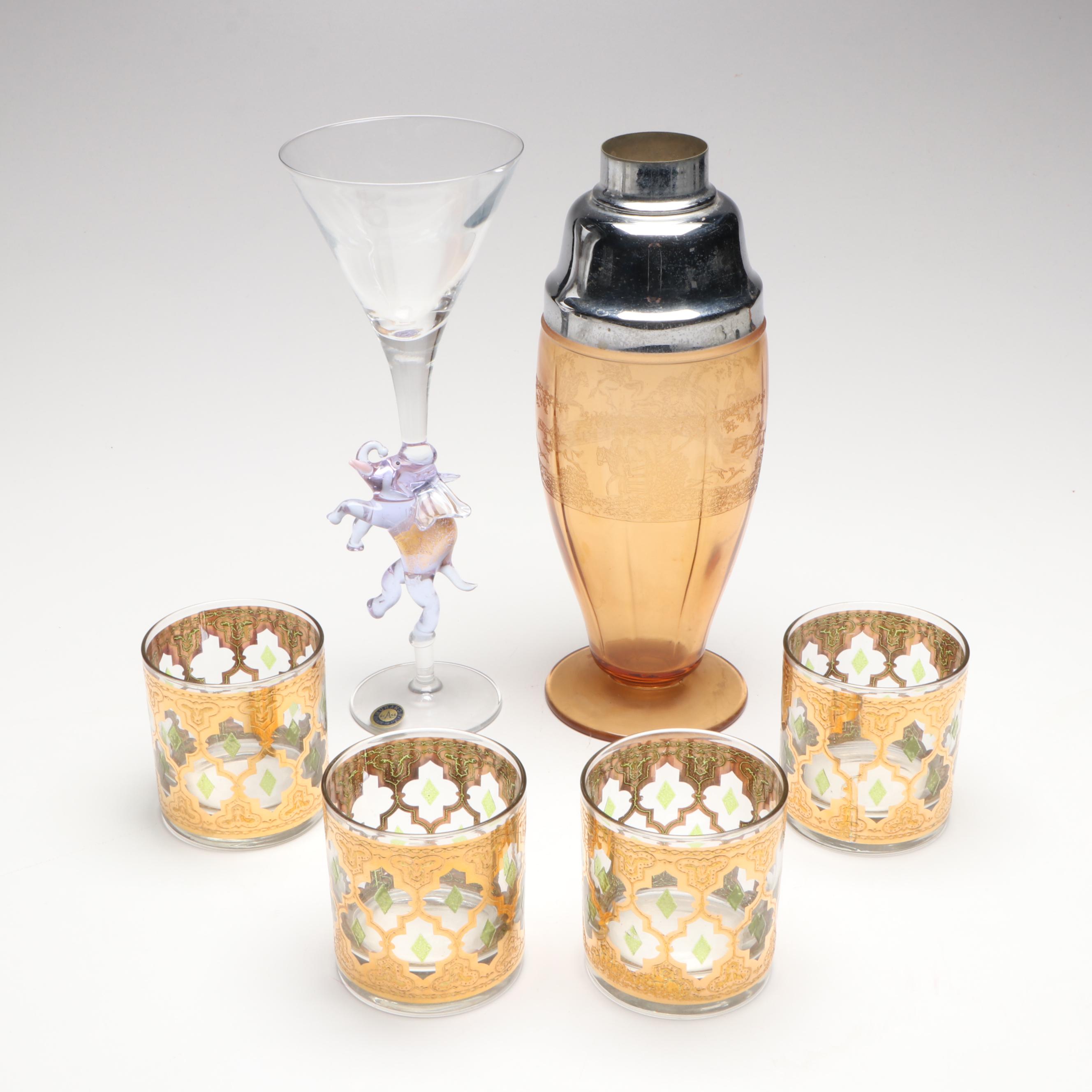 Murano Glass Elephant Stem Martini Glass with Other Tumblers and Cocktail Shaker