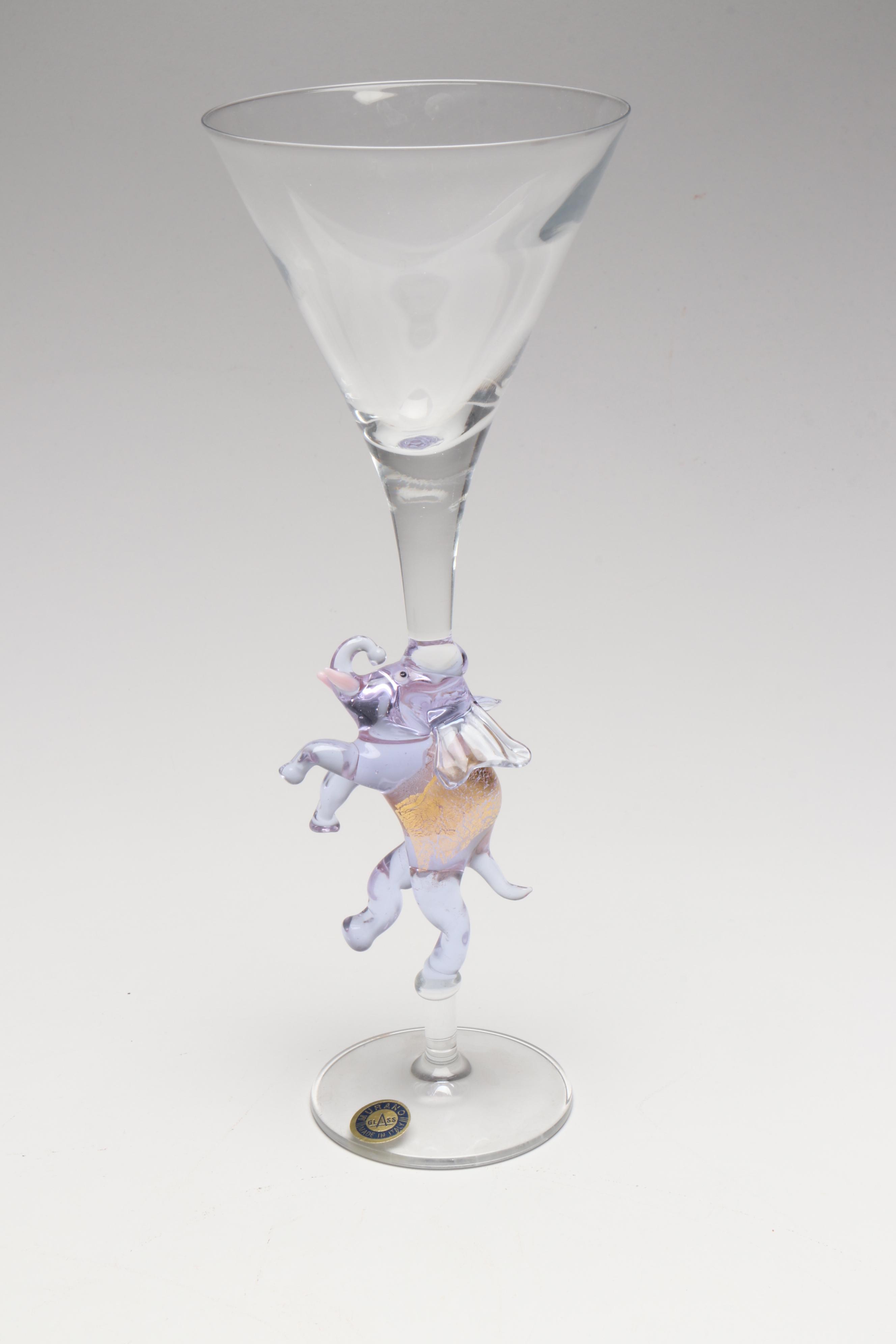 Murano Glass Elephant Stem Martini Glass with Other Tumblers and Cocktail Shaker