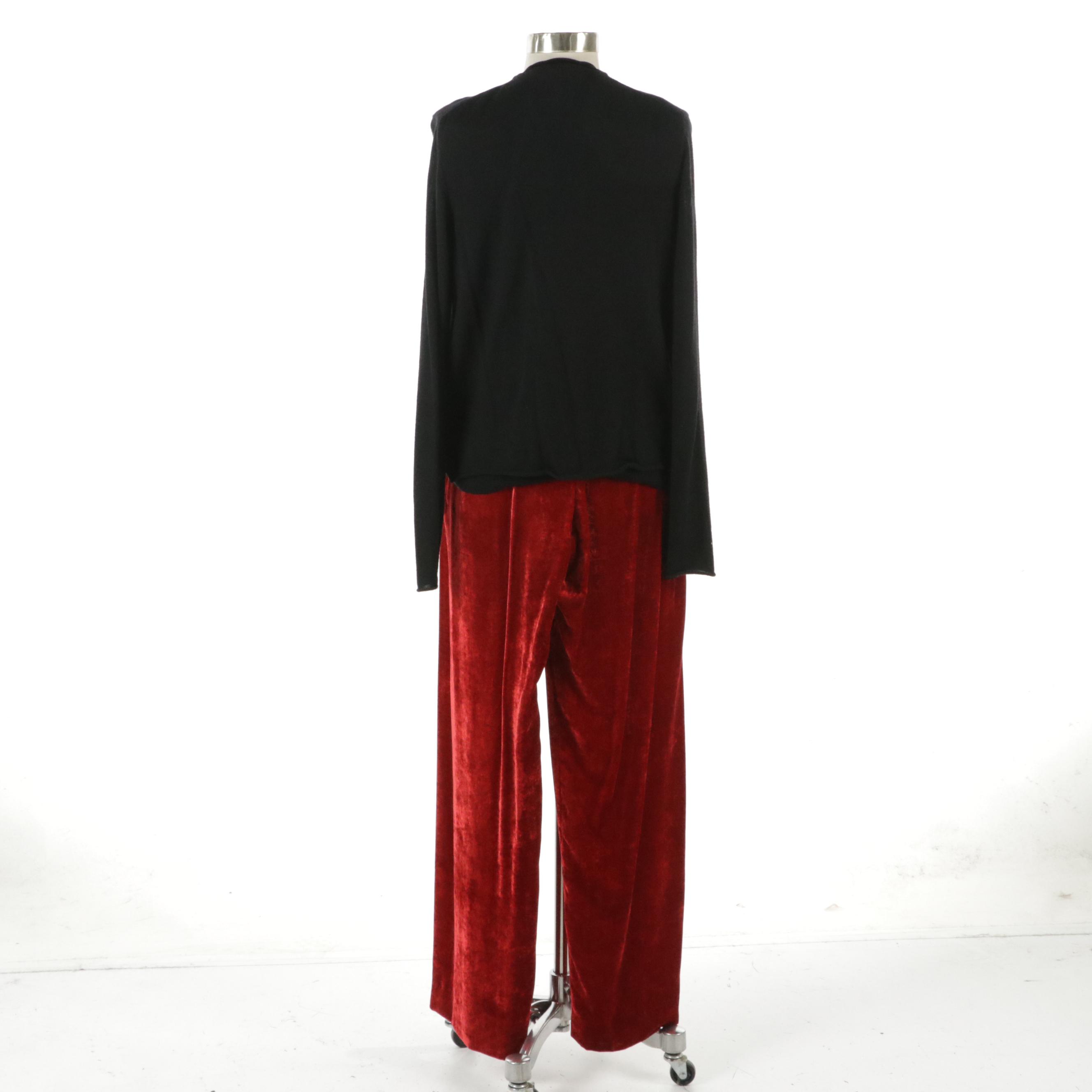 Donna Karan Signature Black Cashmere Sleeveless Top and Cardigan with Red Pants