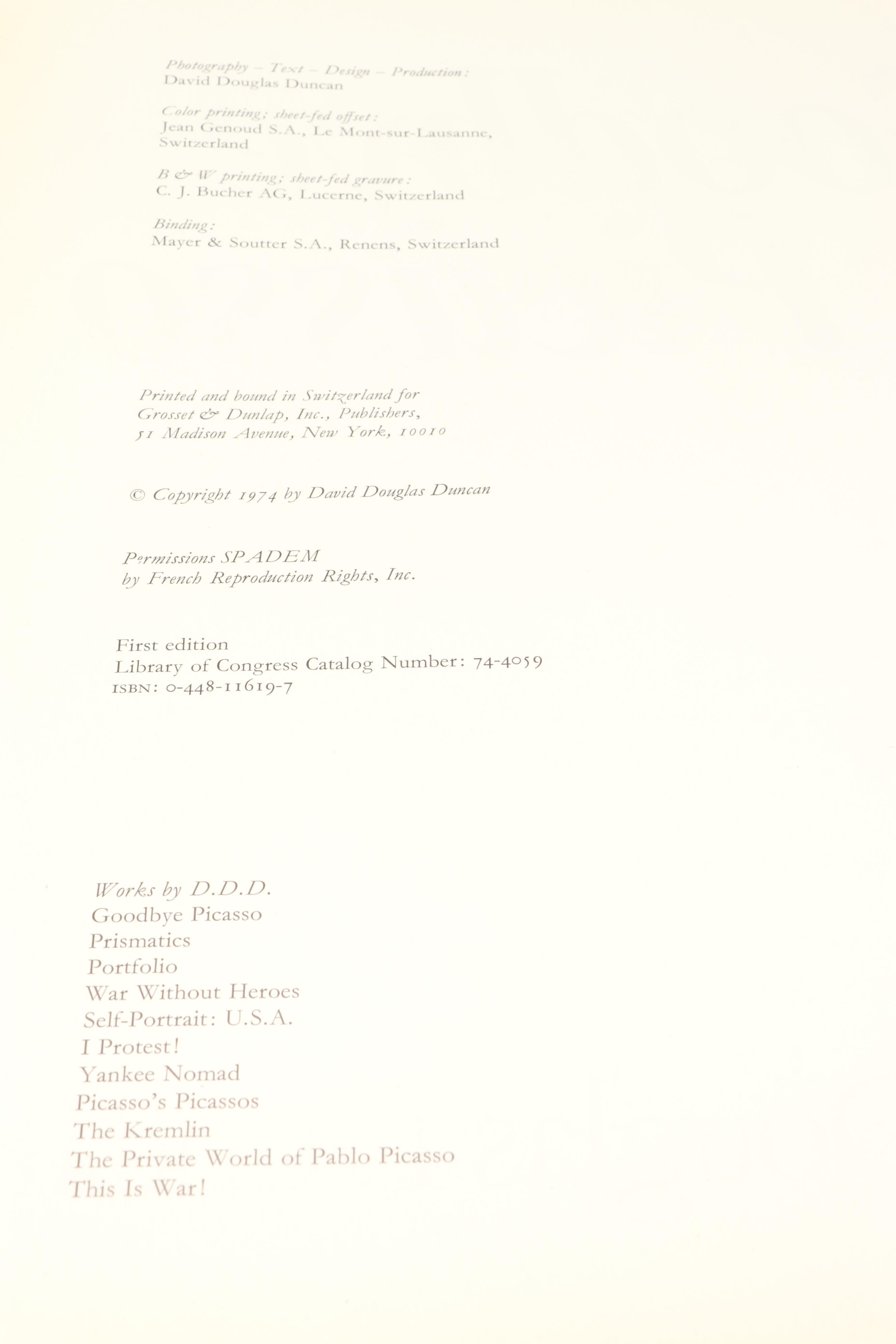 First Edition "Goodbye Picasso" by David Douglas Duncan, 1974