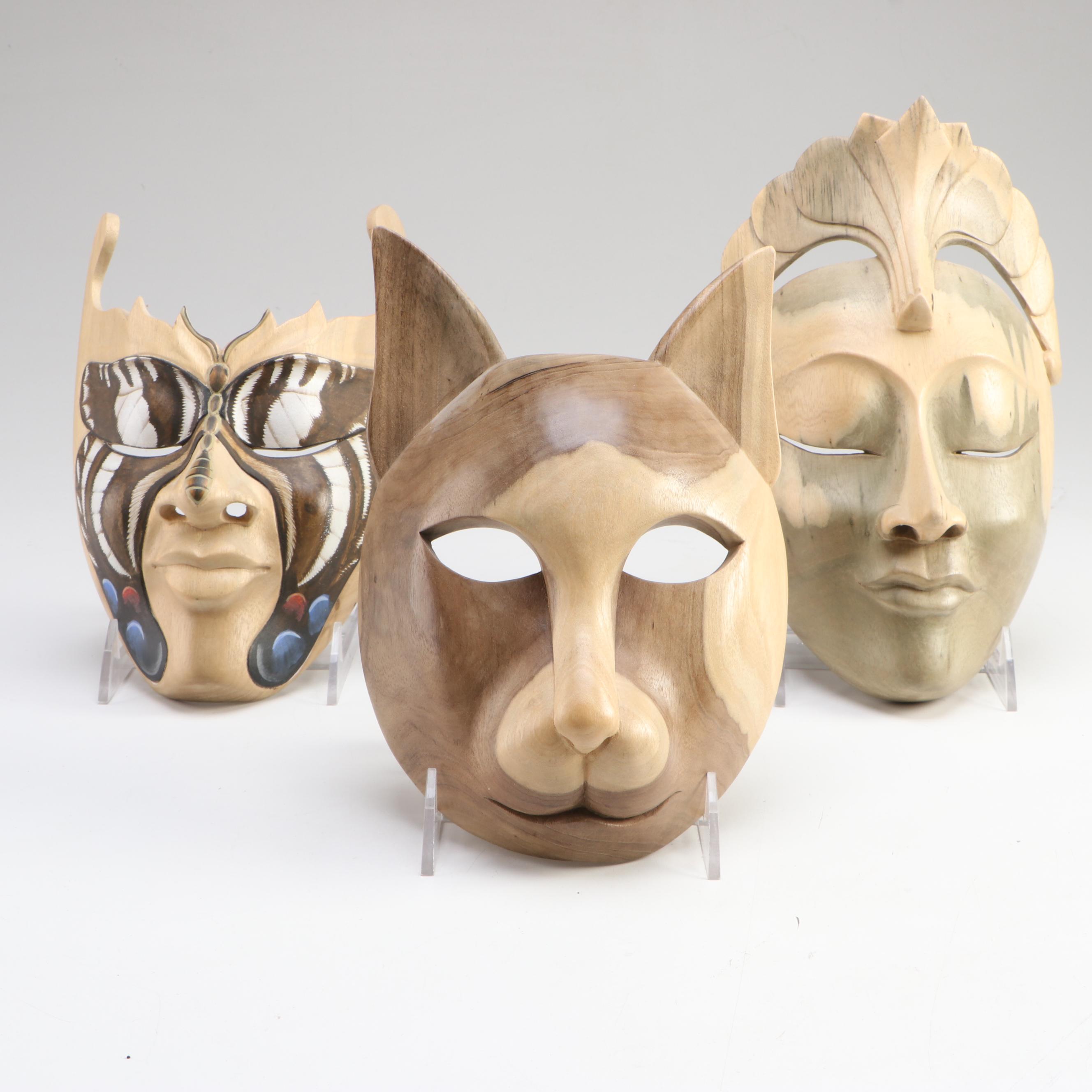 Three Indonesian Hand-Carved Wooden Souvenir Wall Masks