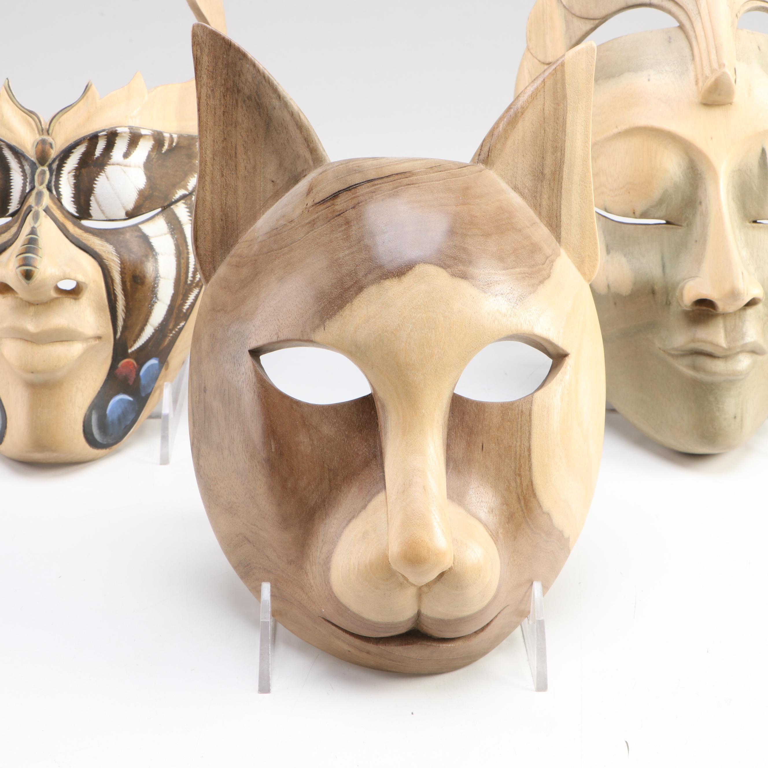 Three Indonesian Hand-Carved Wooden Souvenir Wall Masks