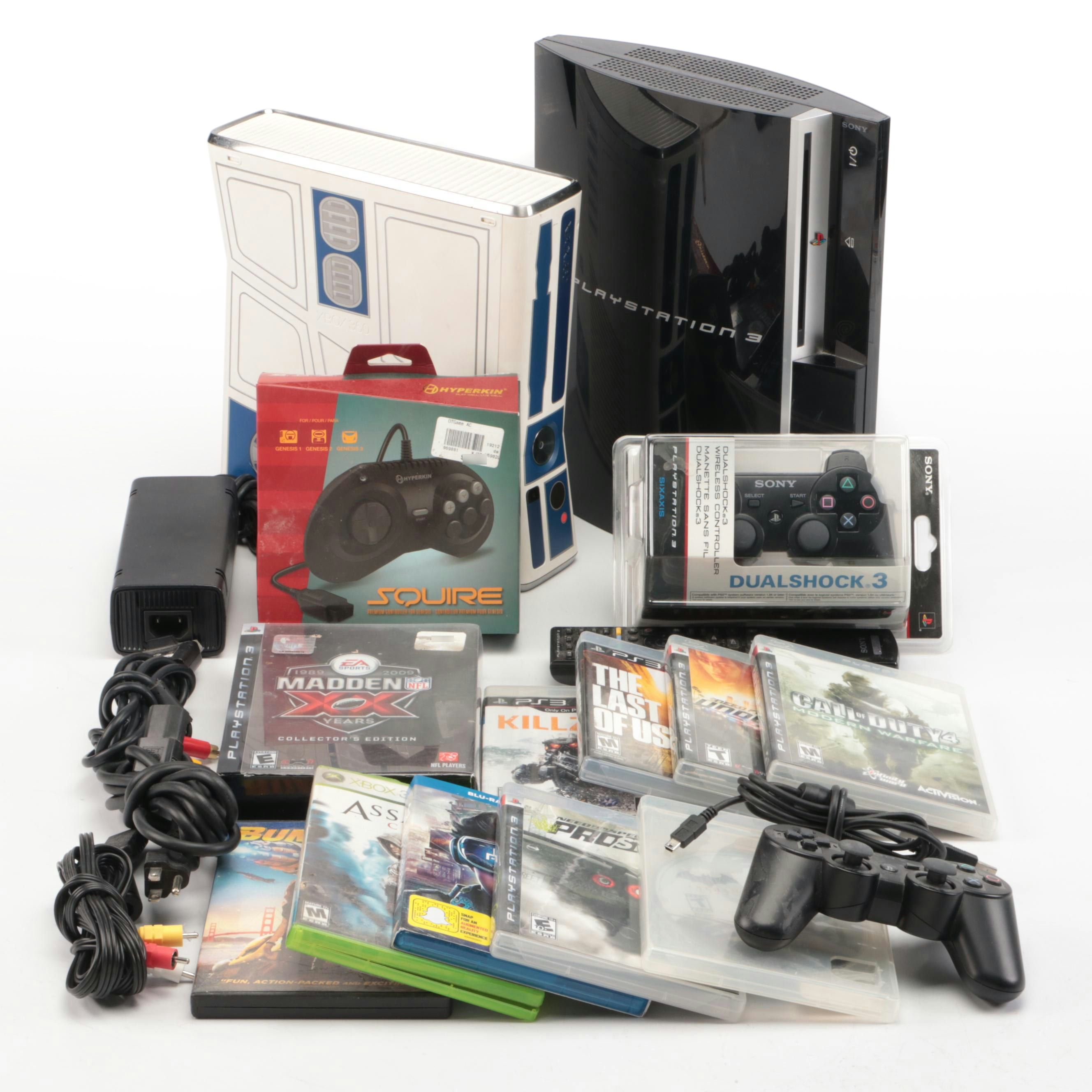 PlayStation 3 and Xbox 360 Consoles with Games and Other Accessories