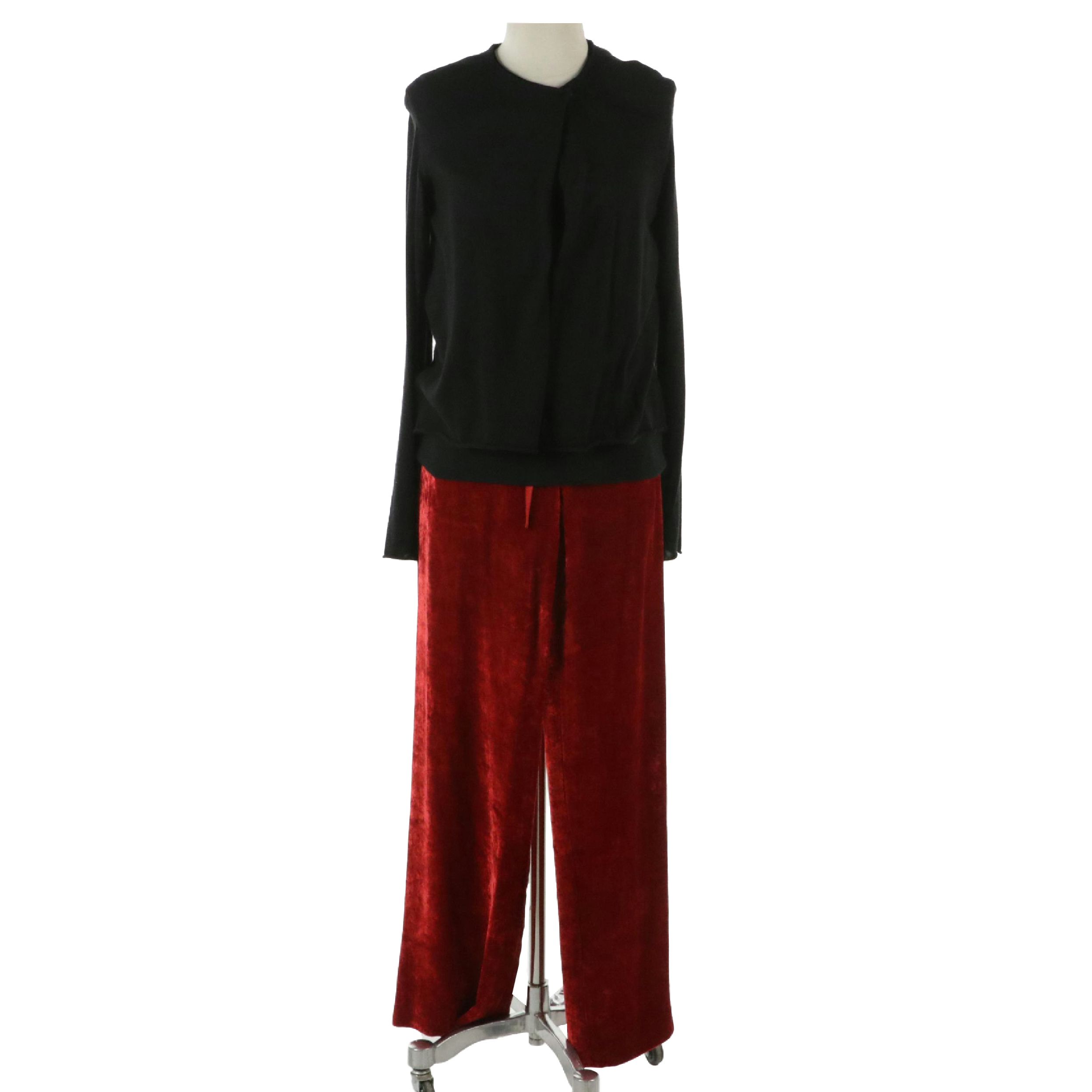 Donna Karan Signature Black Cashmere Sleeveless Top and Cardigan with Red Pants