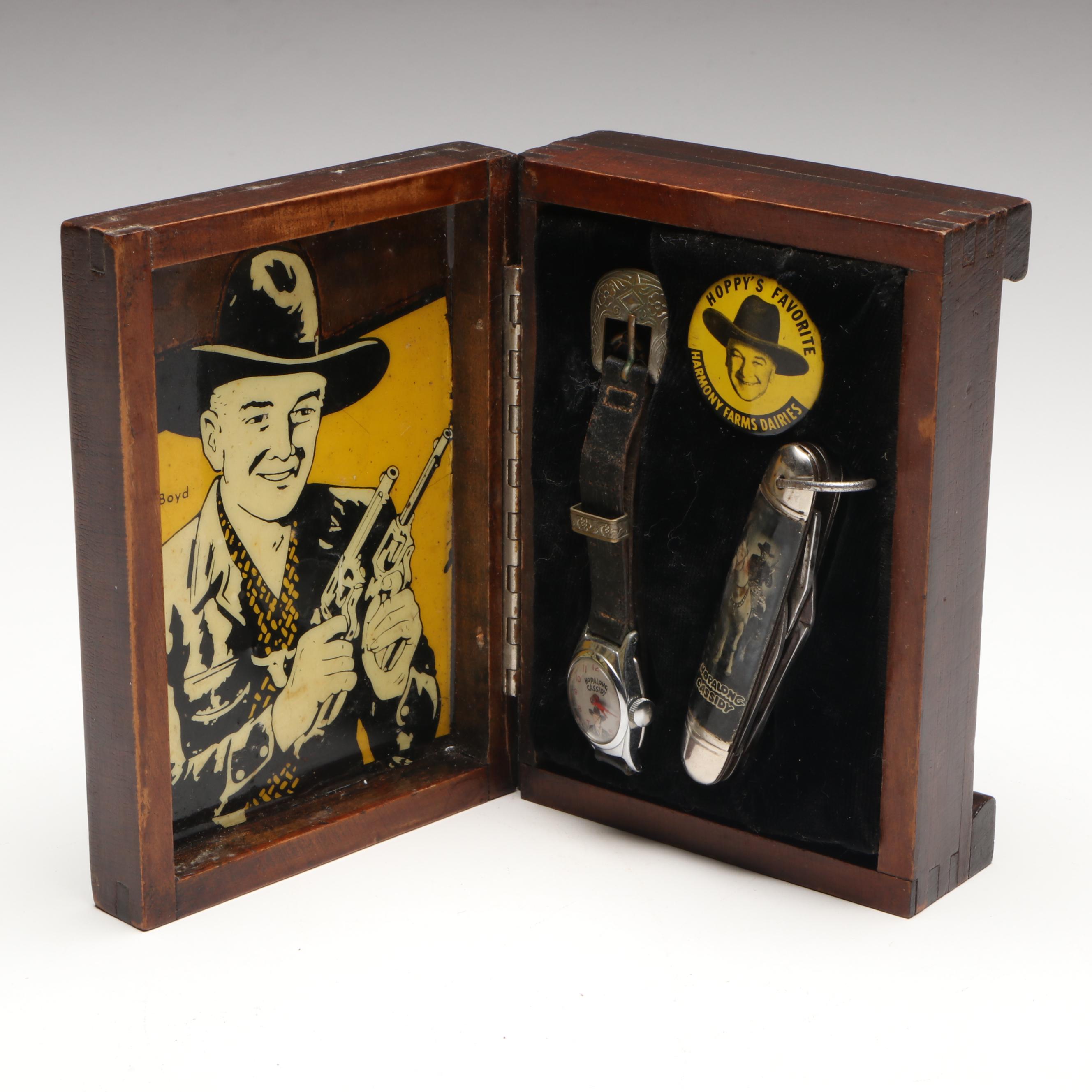 Vintage US Time Hopalong Cassidy Watch, Pocket Knife, and Pin in Wooden Box