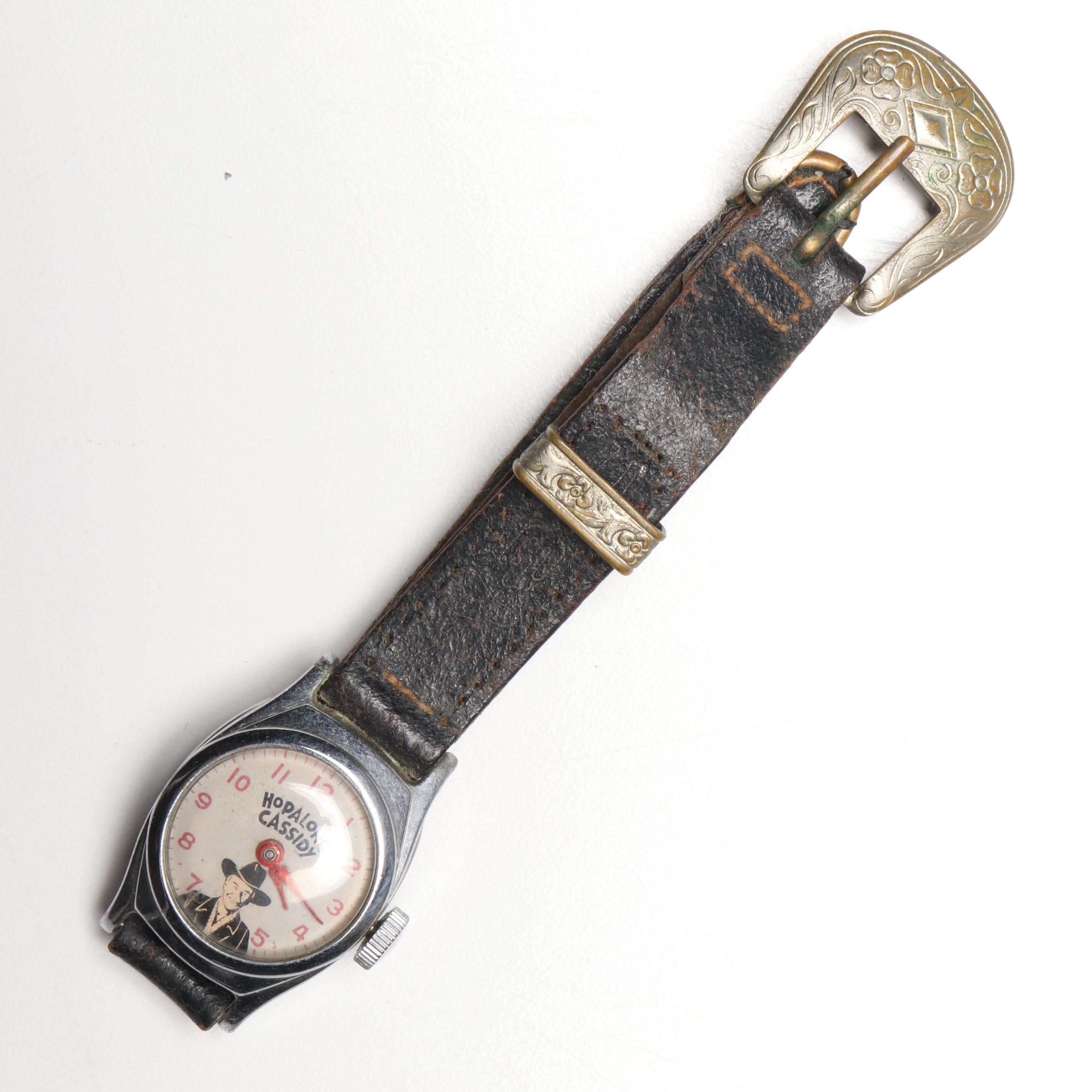 Vintage US Time Hopalong Cassidy Watch, Pocket Knife, and Pin in Wooden Box