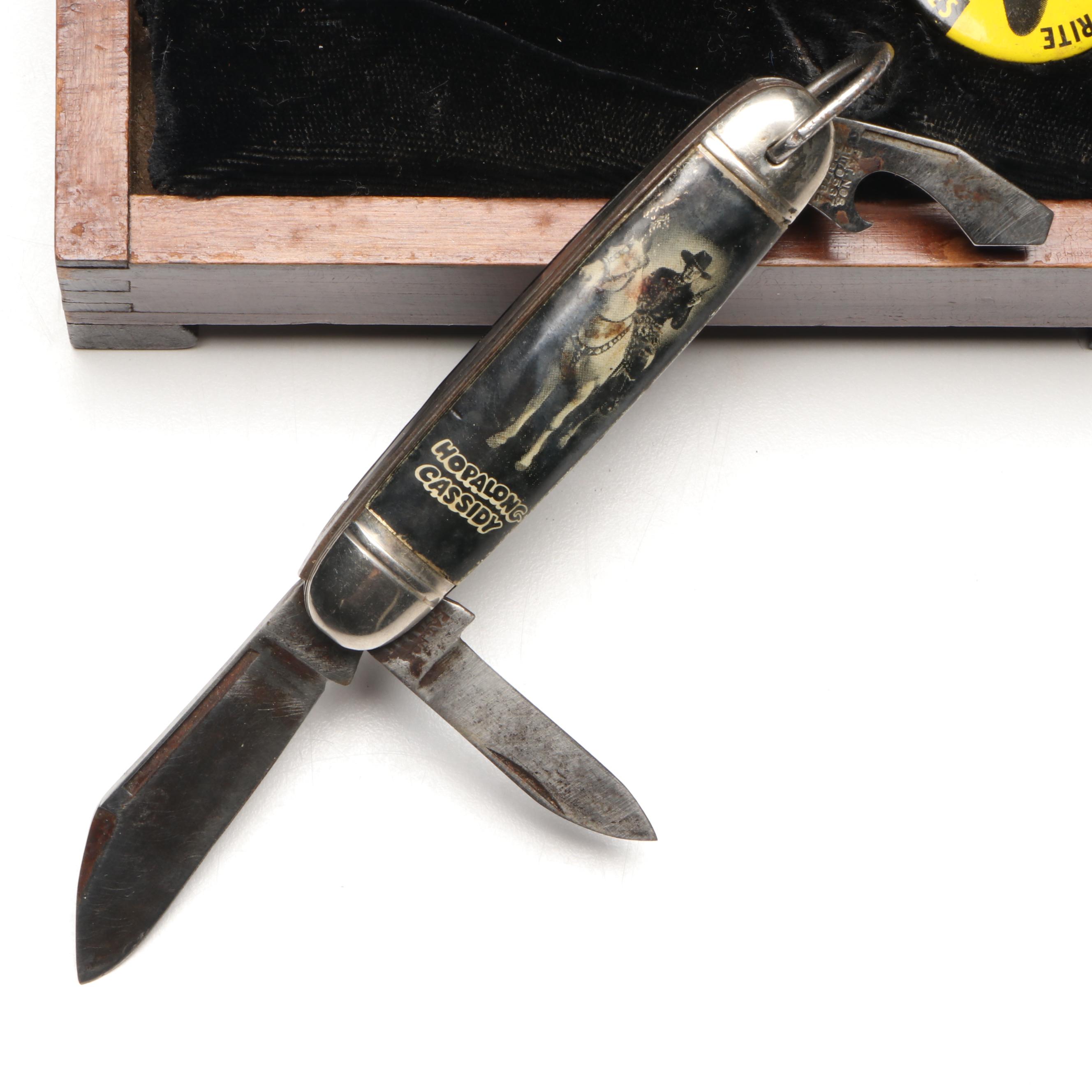 Vintage US Time Hopalong Cassidy Watch, Pocket Knife, and Pin in Wooden Box