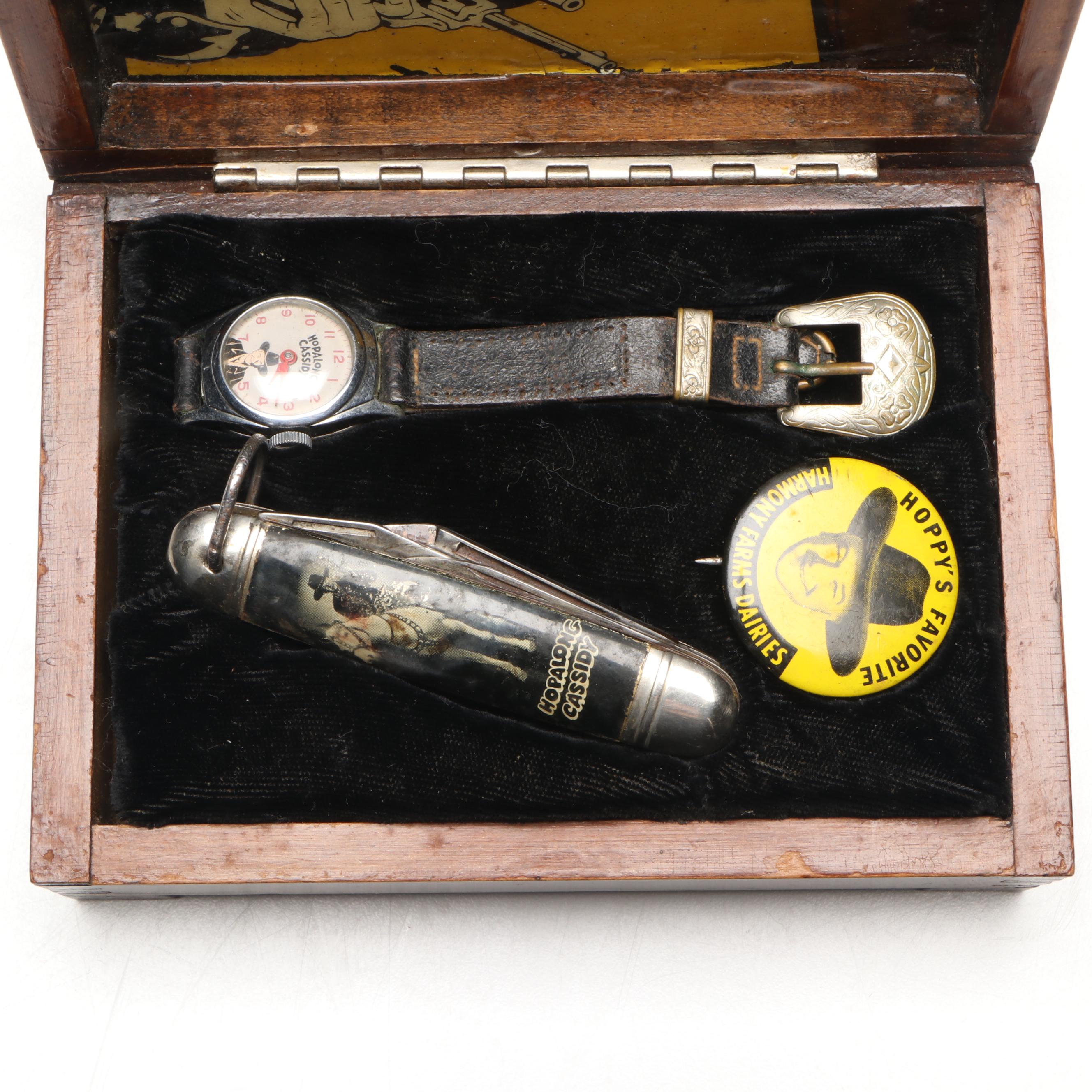 Vintage US Time Hopalong Cassidy Watch, Pocket Knife, and Pin in Wooden Box