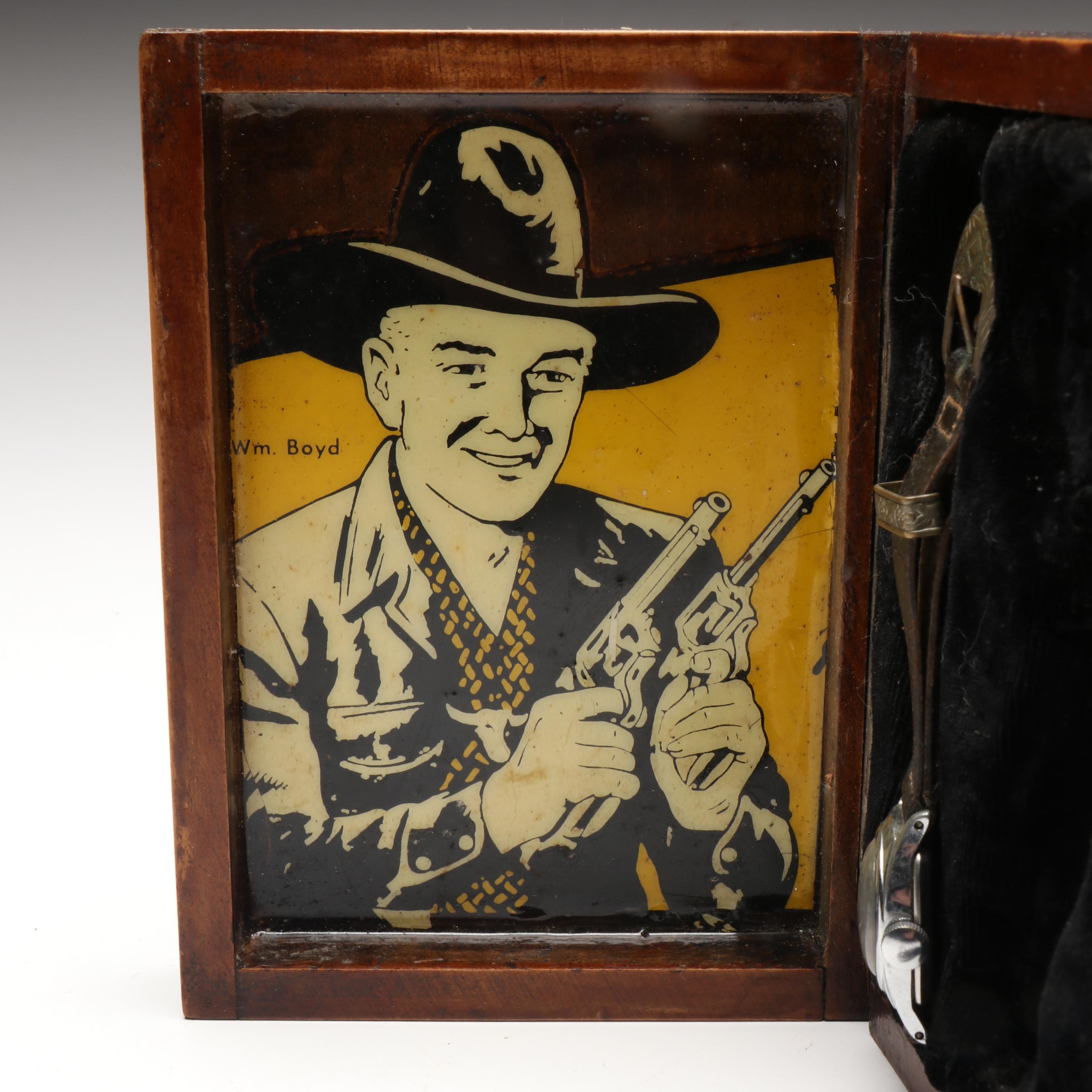 Vintage US Time Hopalong Cassidy Watch, Pocket Knife, and Pin in Wooden Box