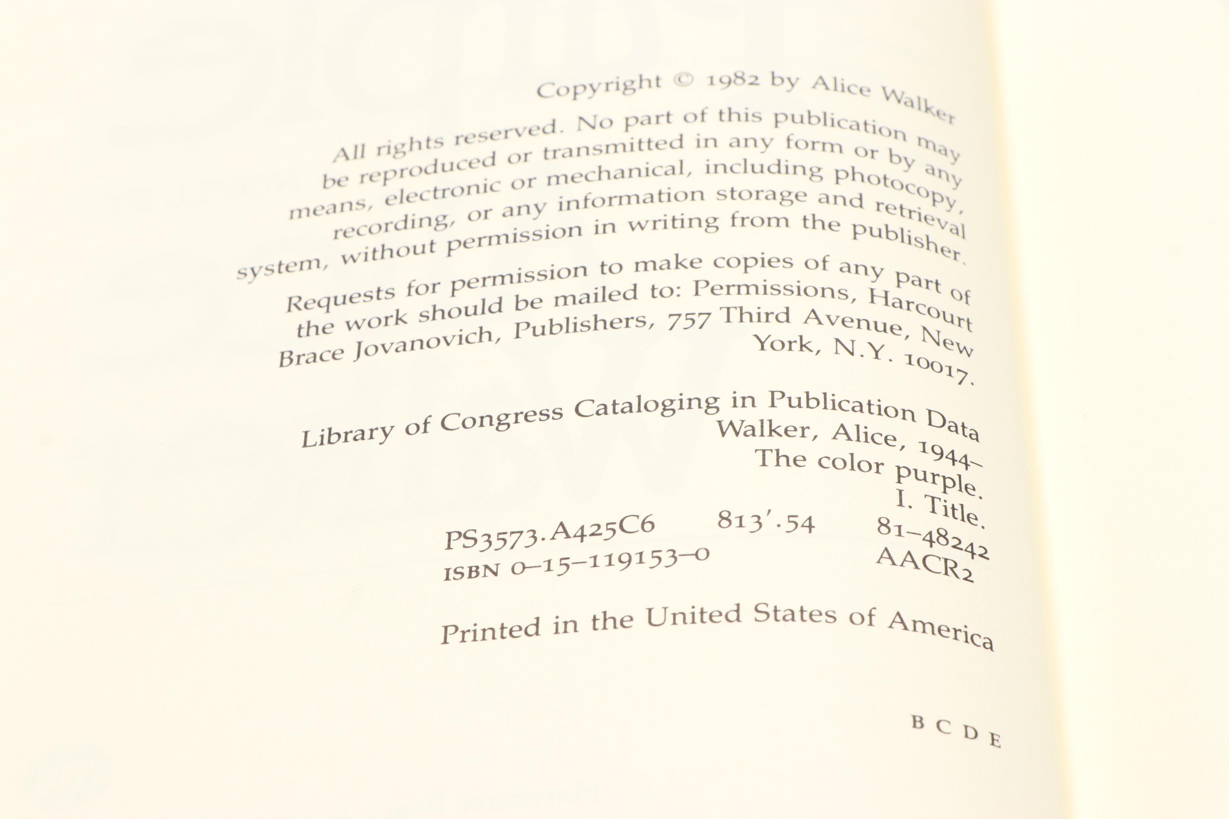 Second Printing "The Color Purple" by Alice Walker, 1982