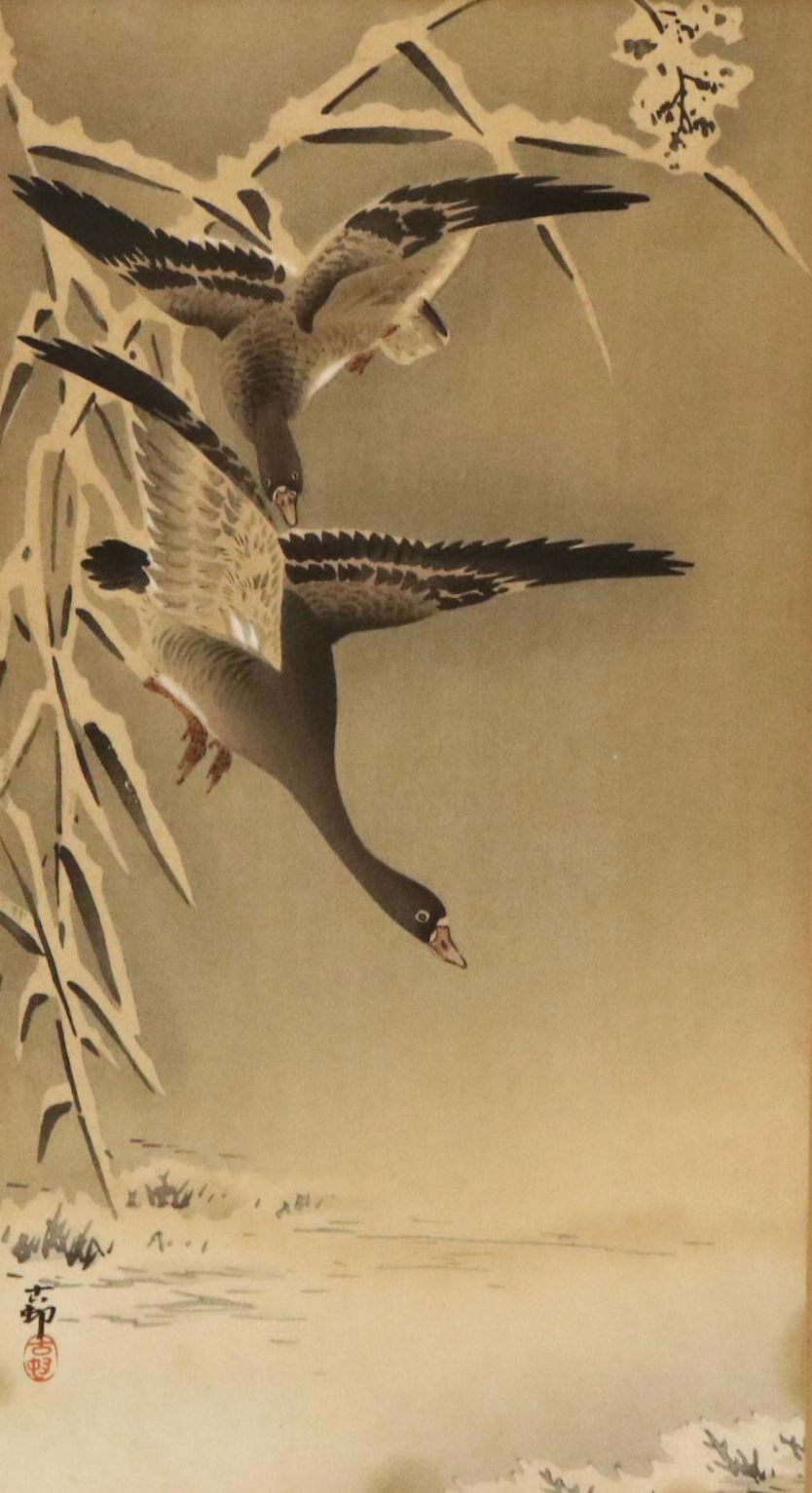 Ohara Koson Color Woodblock "Two Geese Flying in Snow," Early 20th Century