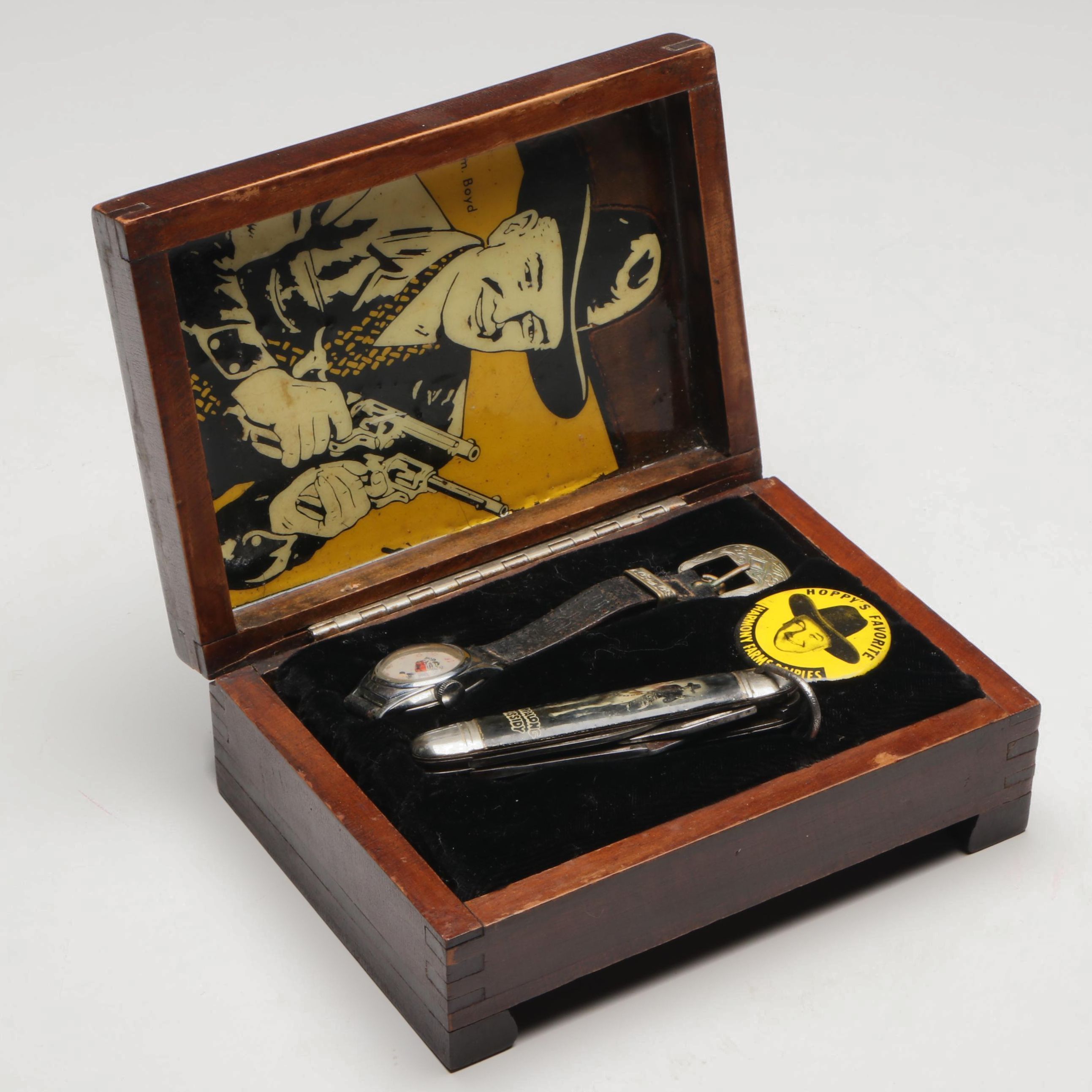 Vintage US Time Hopalong Cassidy Watch, Pocket Knife, and Pin in Wooden Box