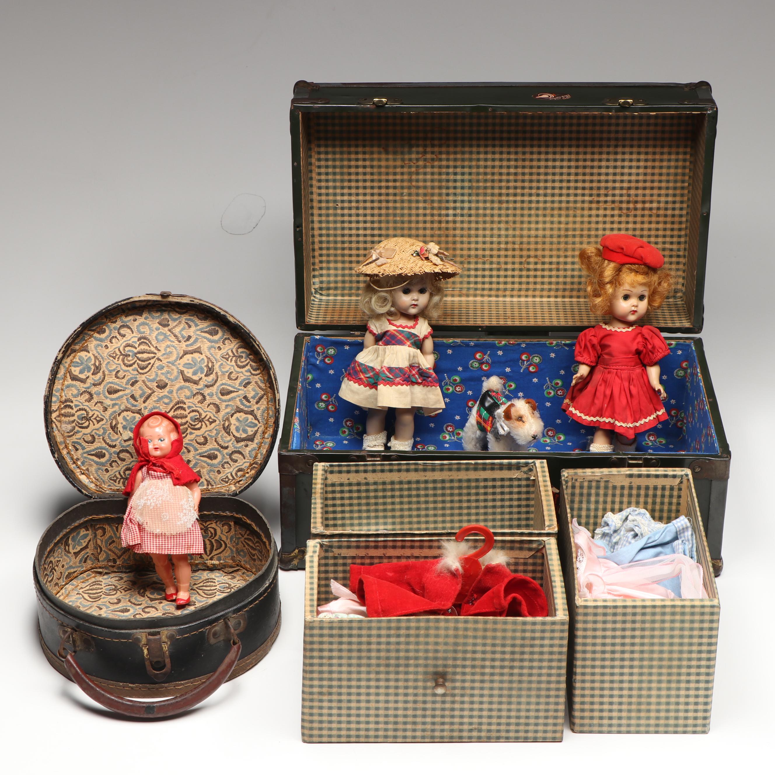 Steiff "Ginny's Pup" and Vogue Ginny Dolls with Accessories, Trunk, and Bag