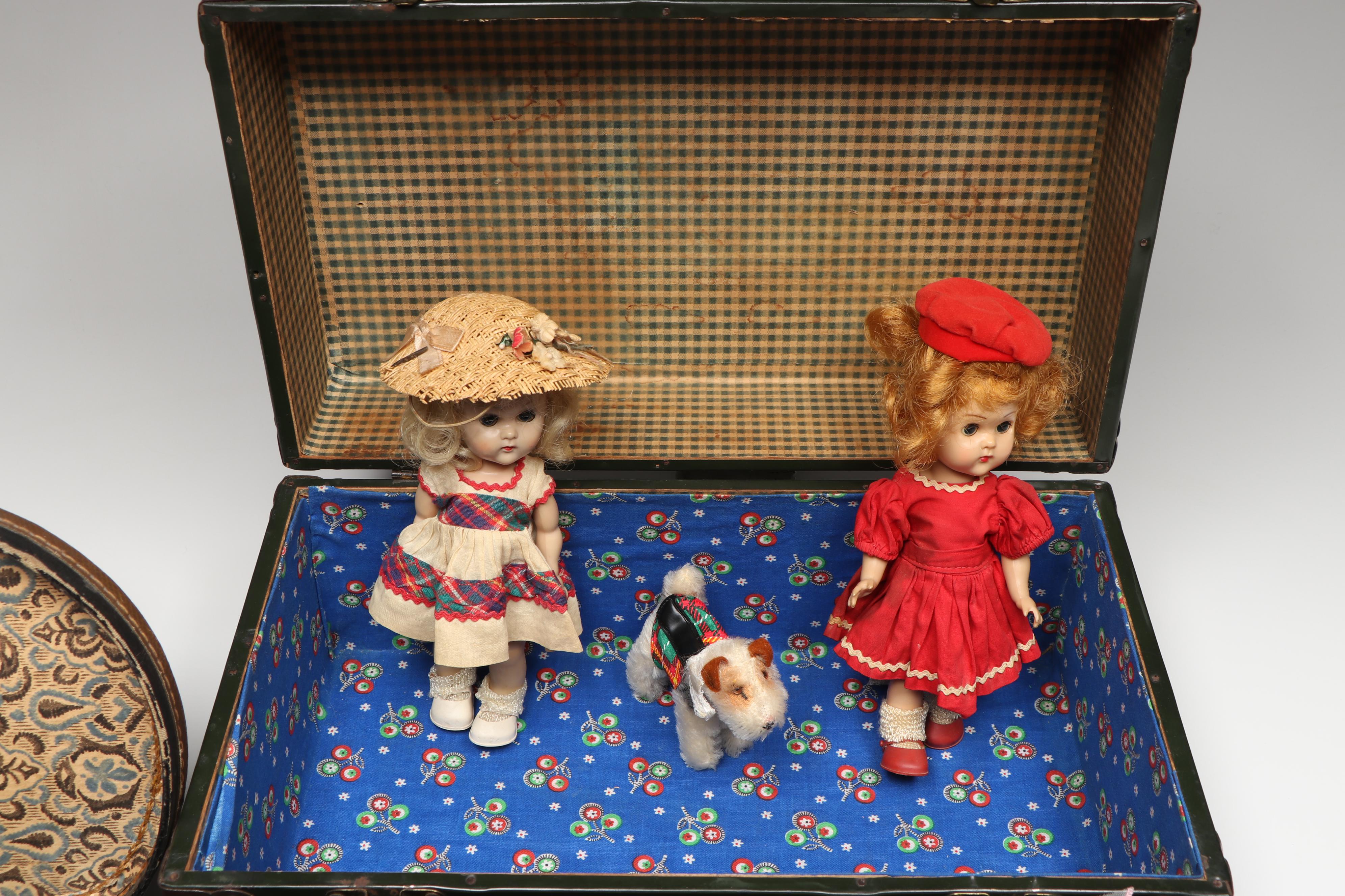 Steiff "Ginny's Pup" and Vogue Ginny Dolls with Accessories, Trunk, and Bag