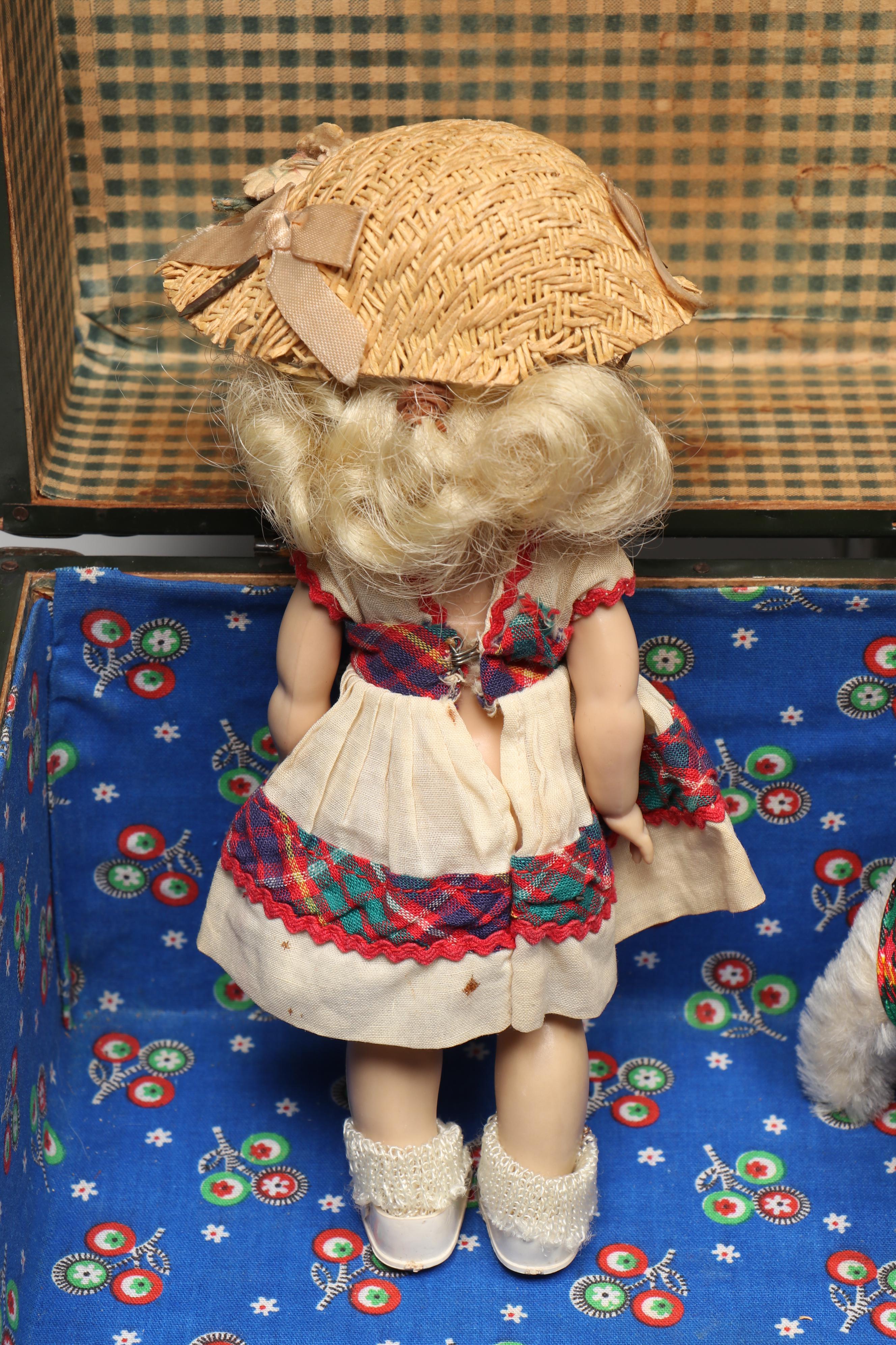 Steiff "Ginny's Pup" and Vogue Ginny Dolls with Accessories, Trunk, and Bag