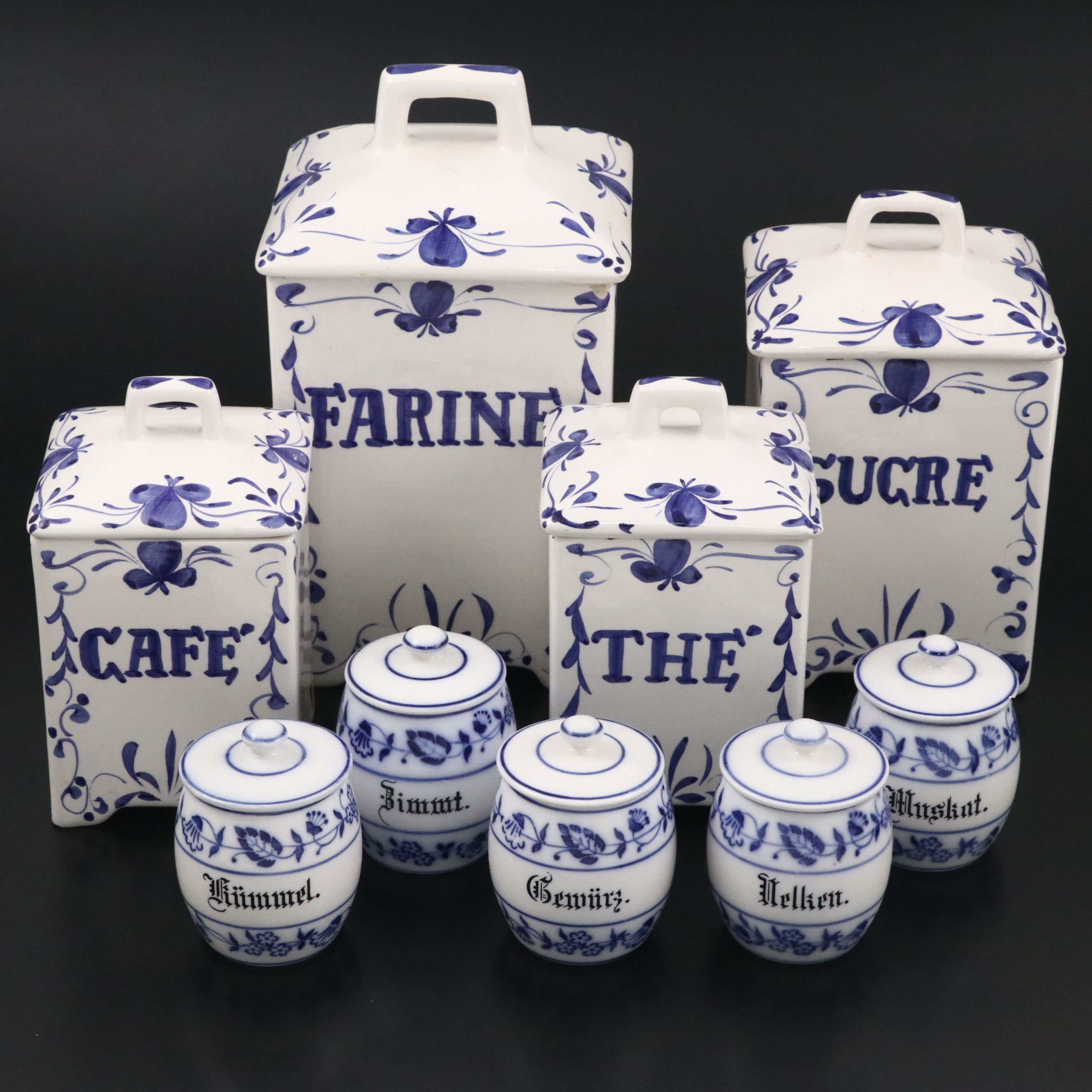 German Art Deco Style and Other Blue and White Ceramic Canisters
