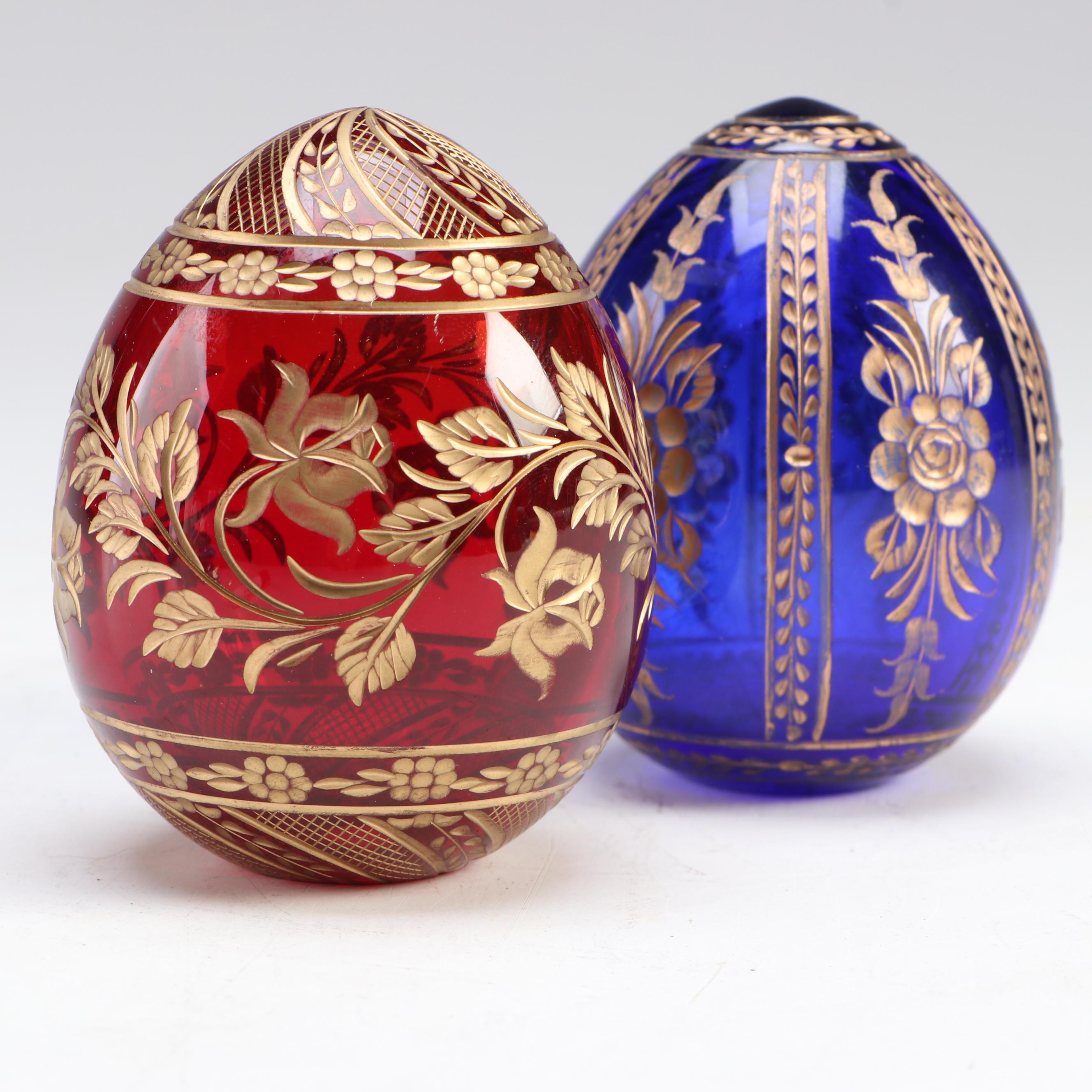 Fabergé Style Enameled Ruby and Cobalt Glass Eggs