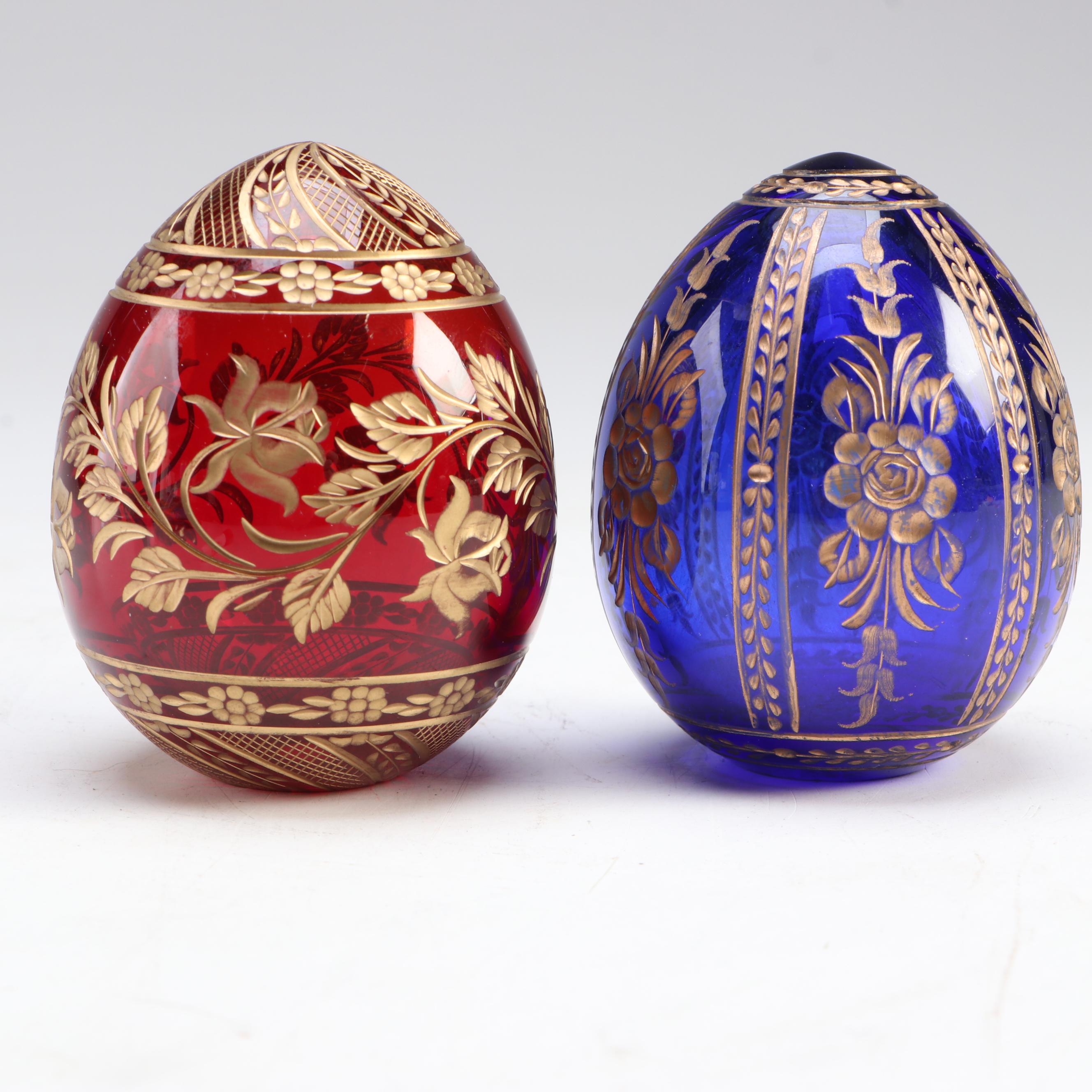 Fabergé Style Enameled Ruby and Cobalt Glass Eggs
