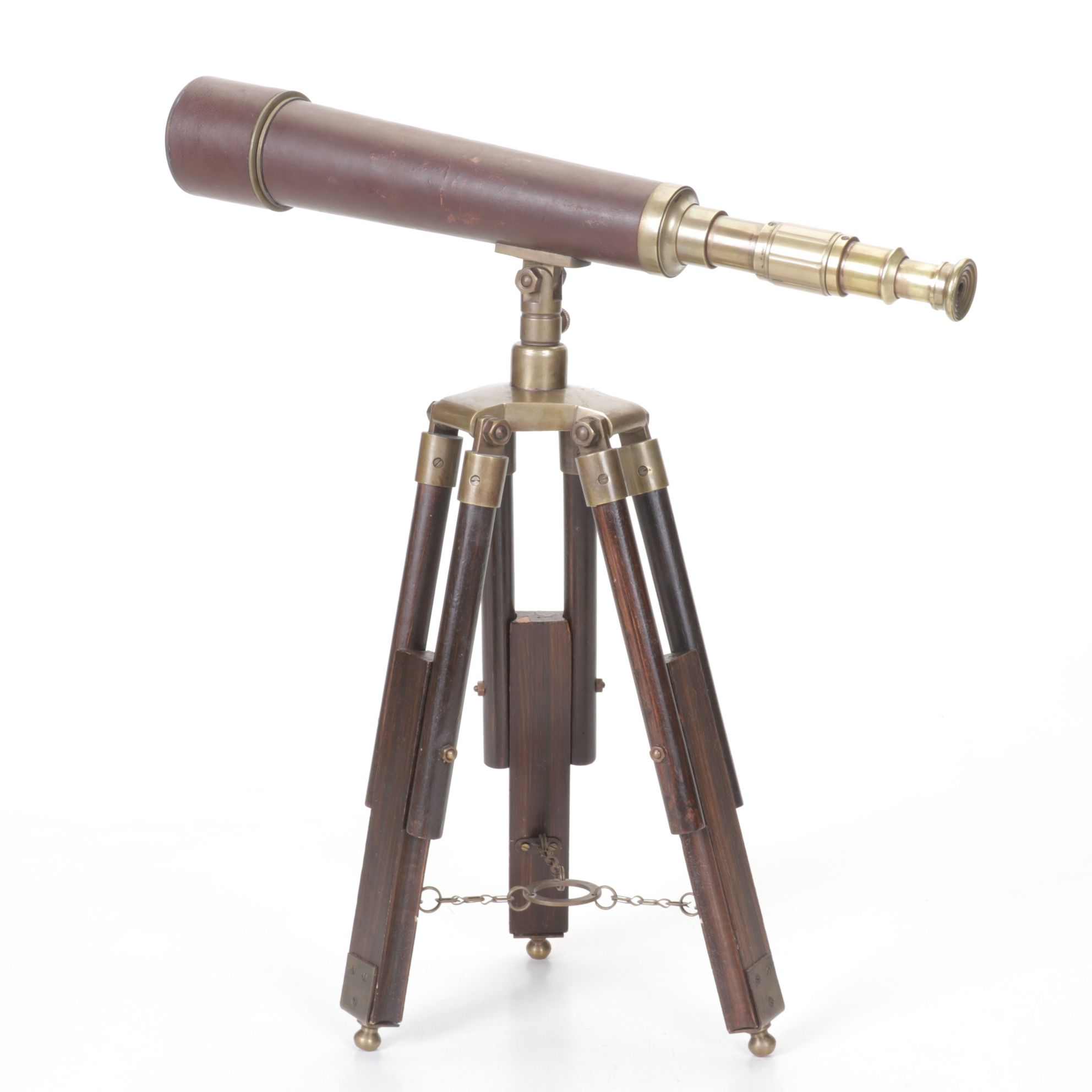 Leather & Brass Nautical Telescope with Tripod, Mid-20th Century