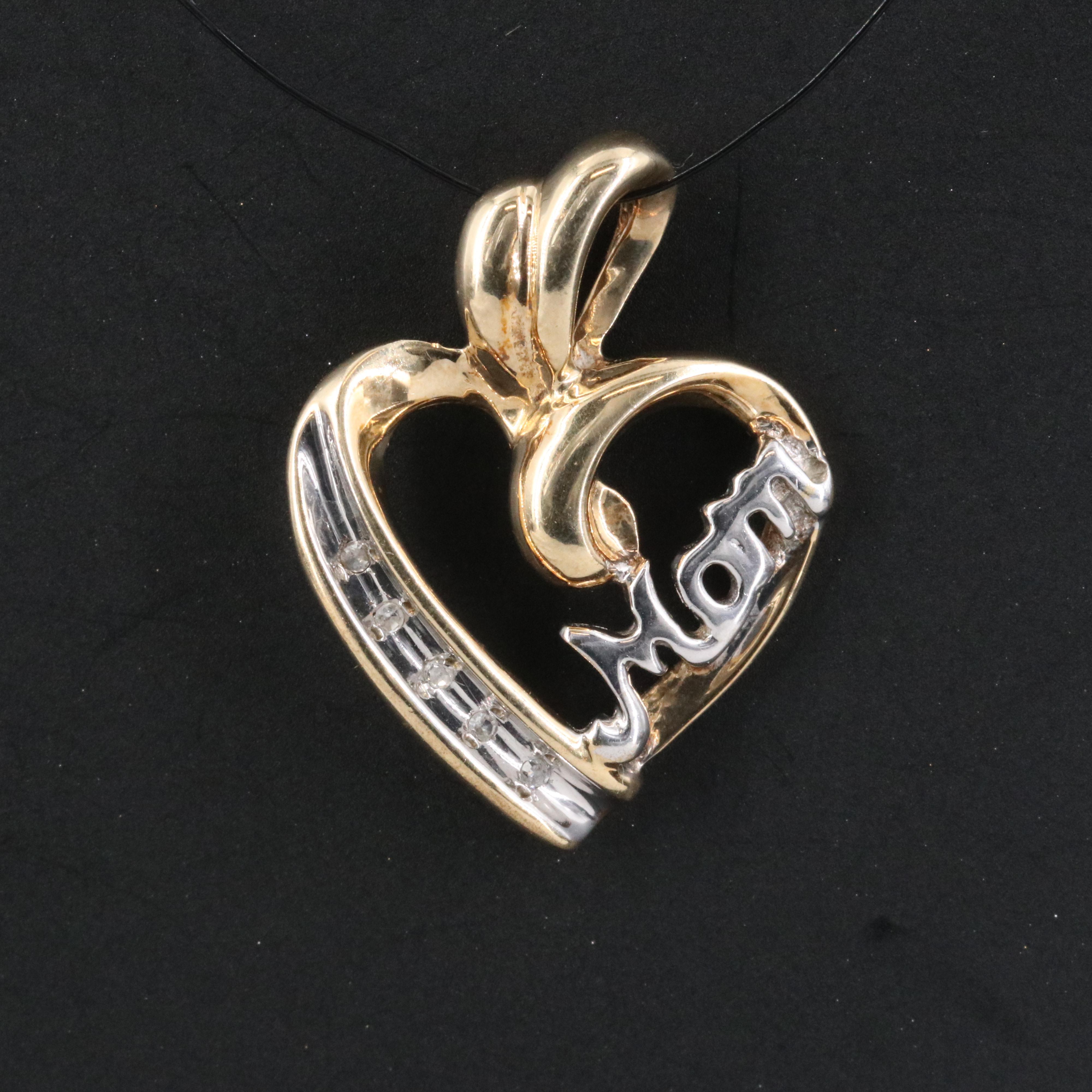 10K Two-Tone Diamond Accented "Mom" Heart Pendant