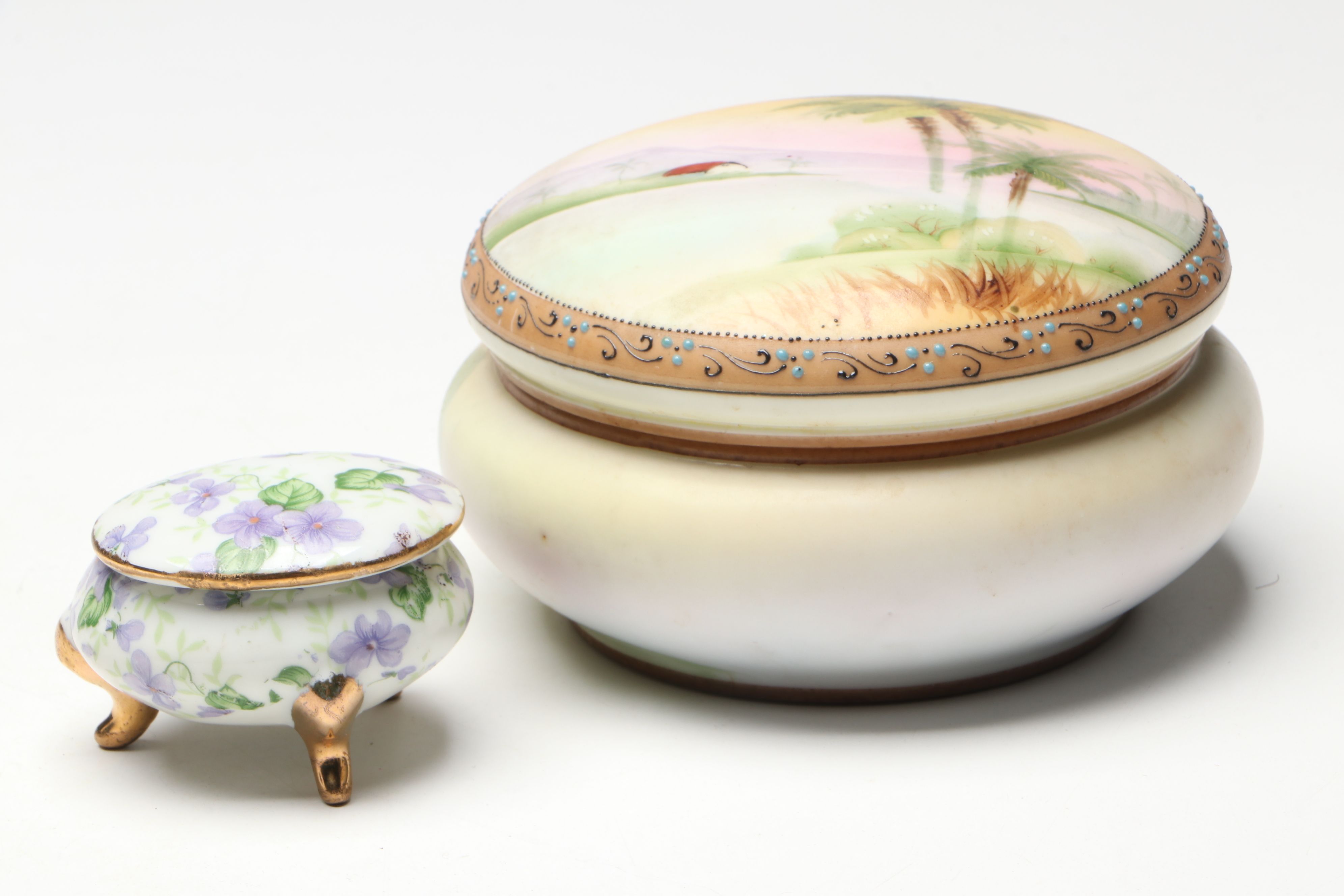 French and East Asian Hand-Painted Porcelain Boxes, Clock and More