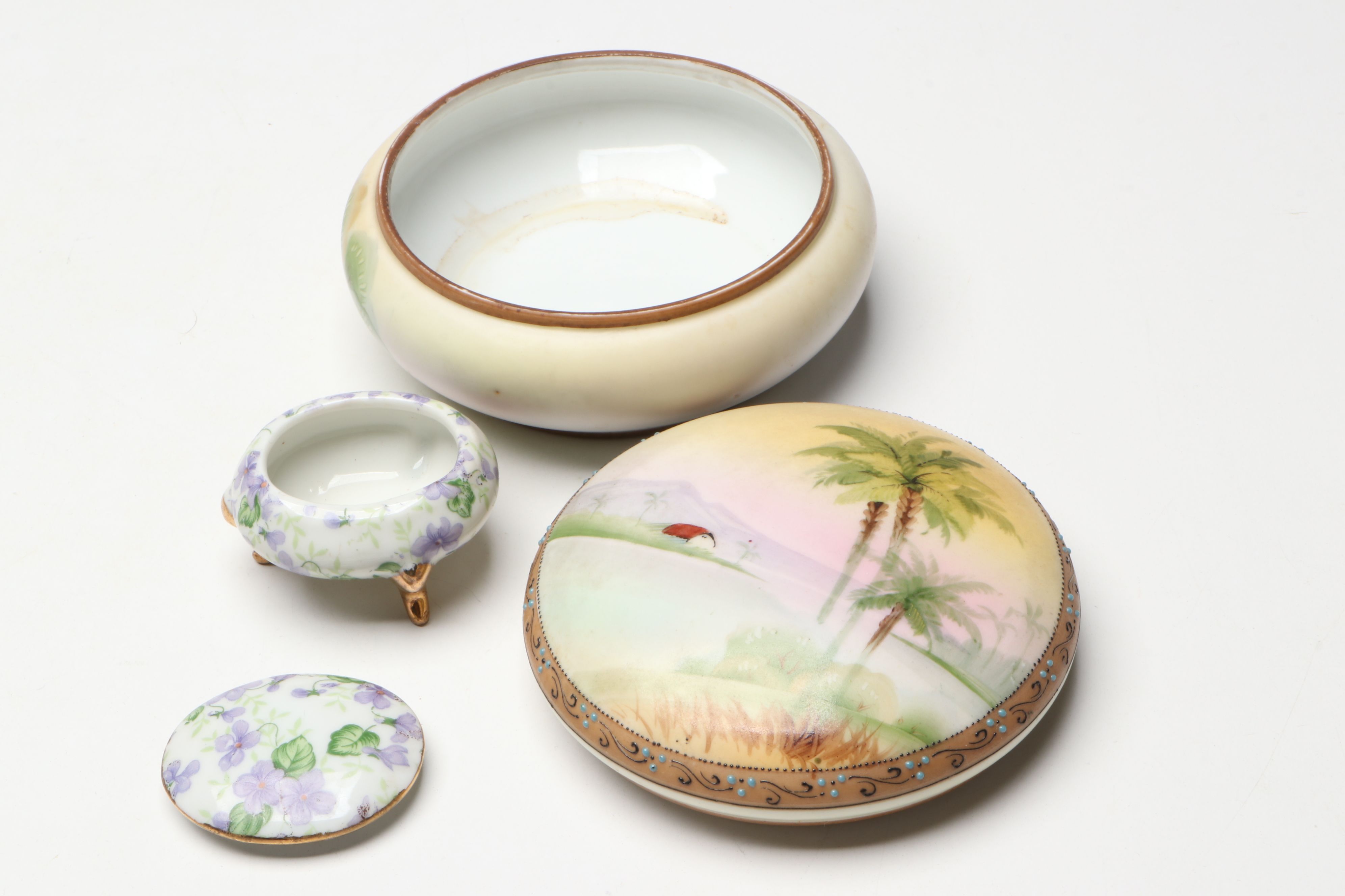 French and East Asian Hand-Painted Porcelain Boxes, Clock and More