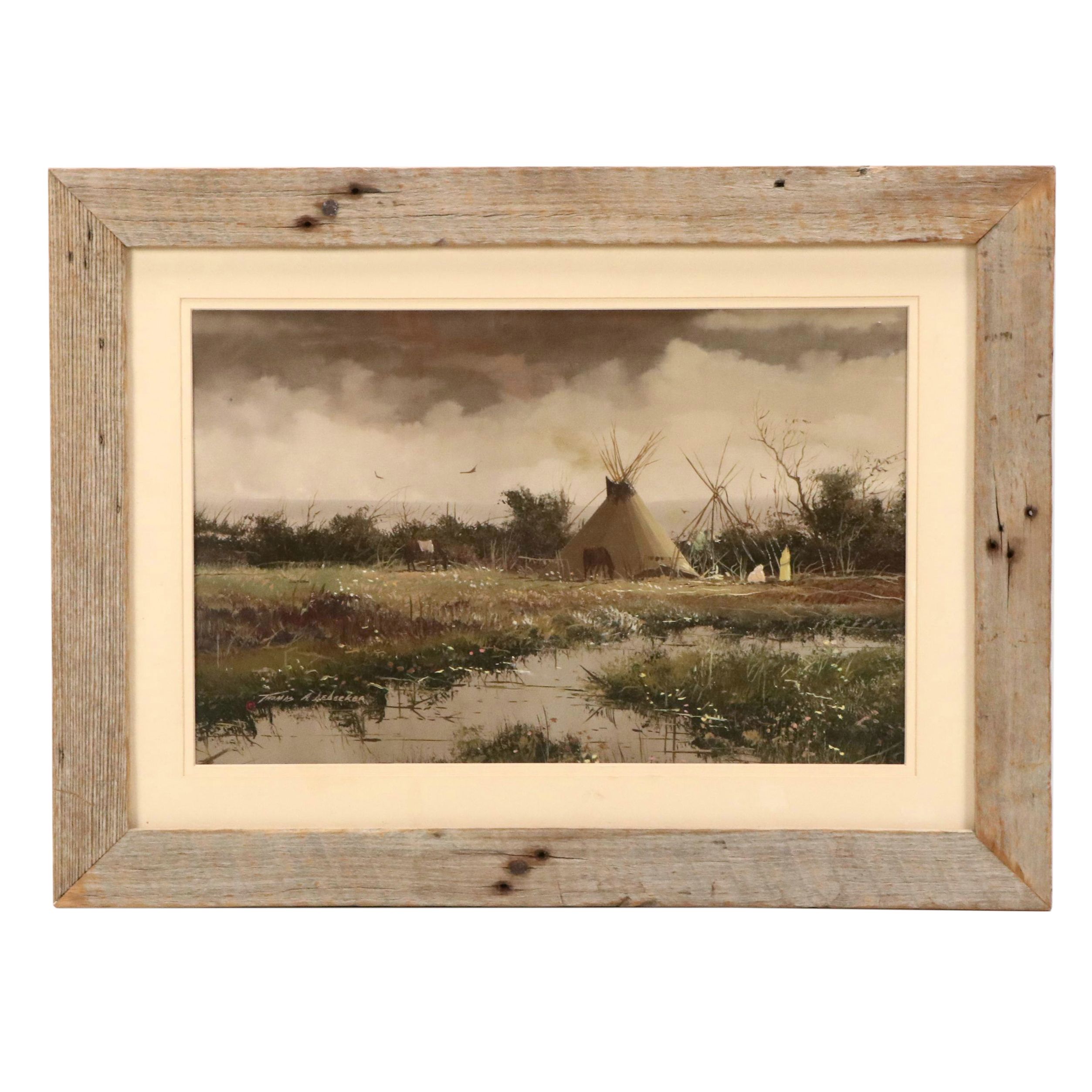 Thomas A. DeDecker Oil Painting of Crow Encampment, Late 20th Century