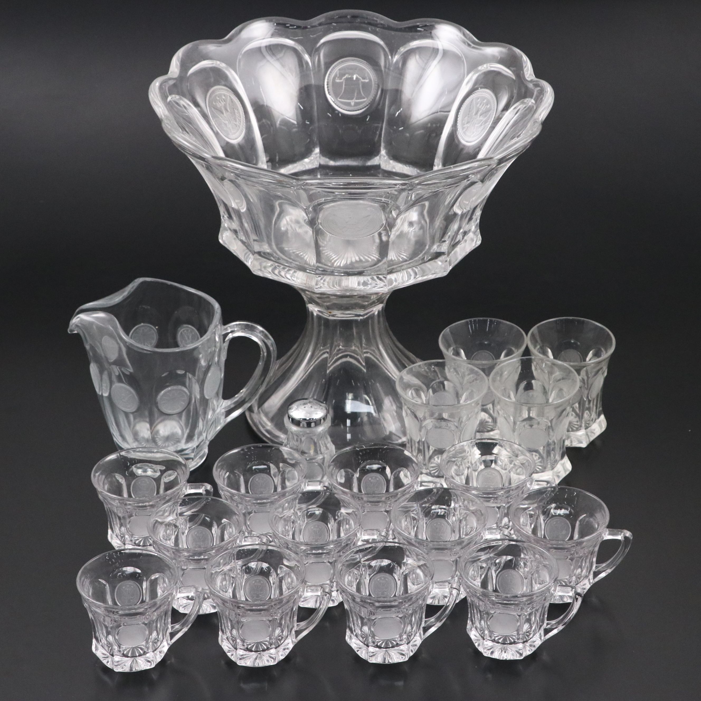 Fostoria "Coin Glass" Footed Punch Bowl with Cups and Serveware, 1958–1981