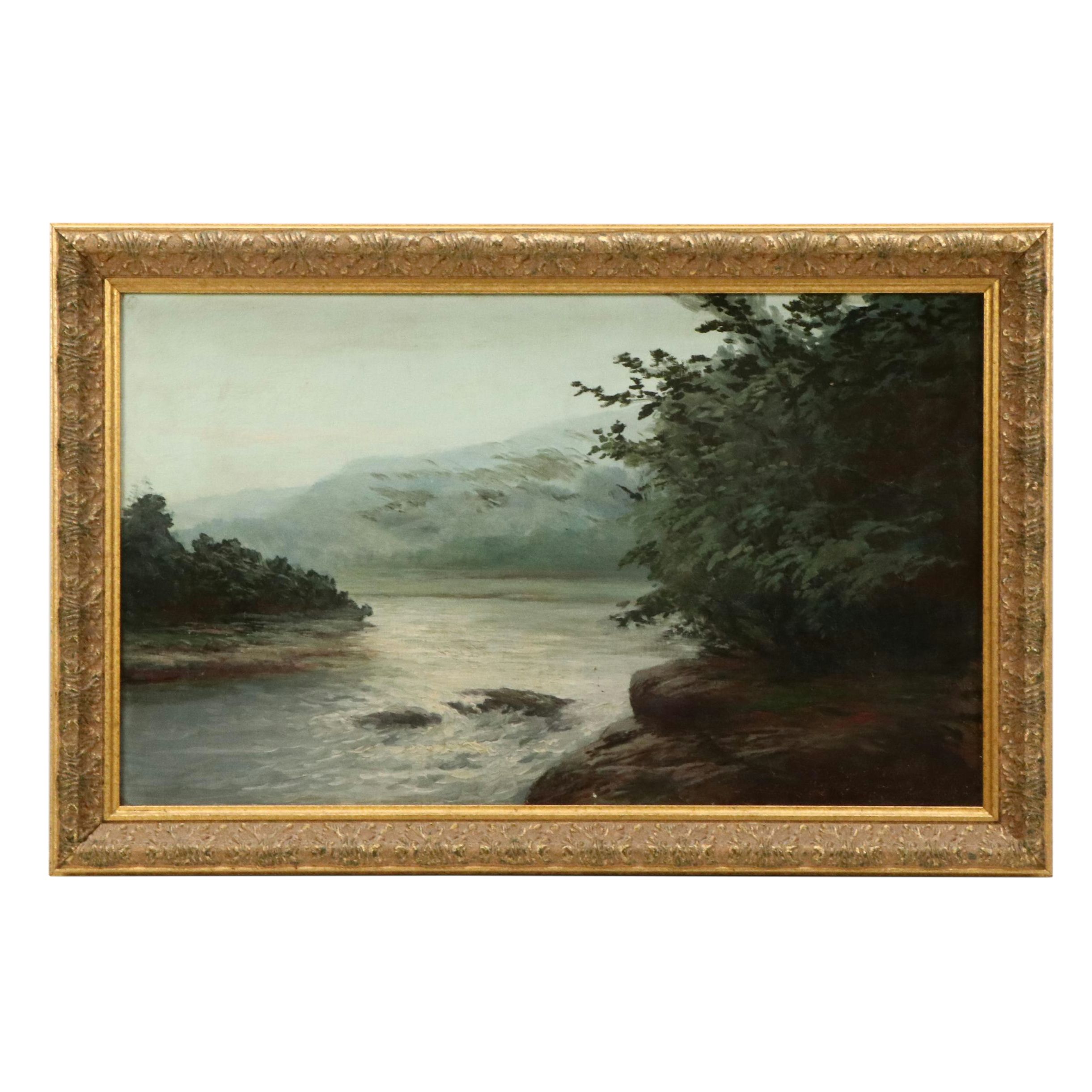 American School Oil Painting of River Landscape, Circa Early 20th Century