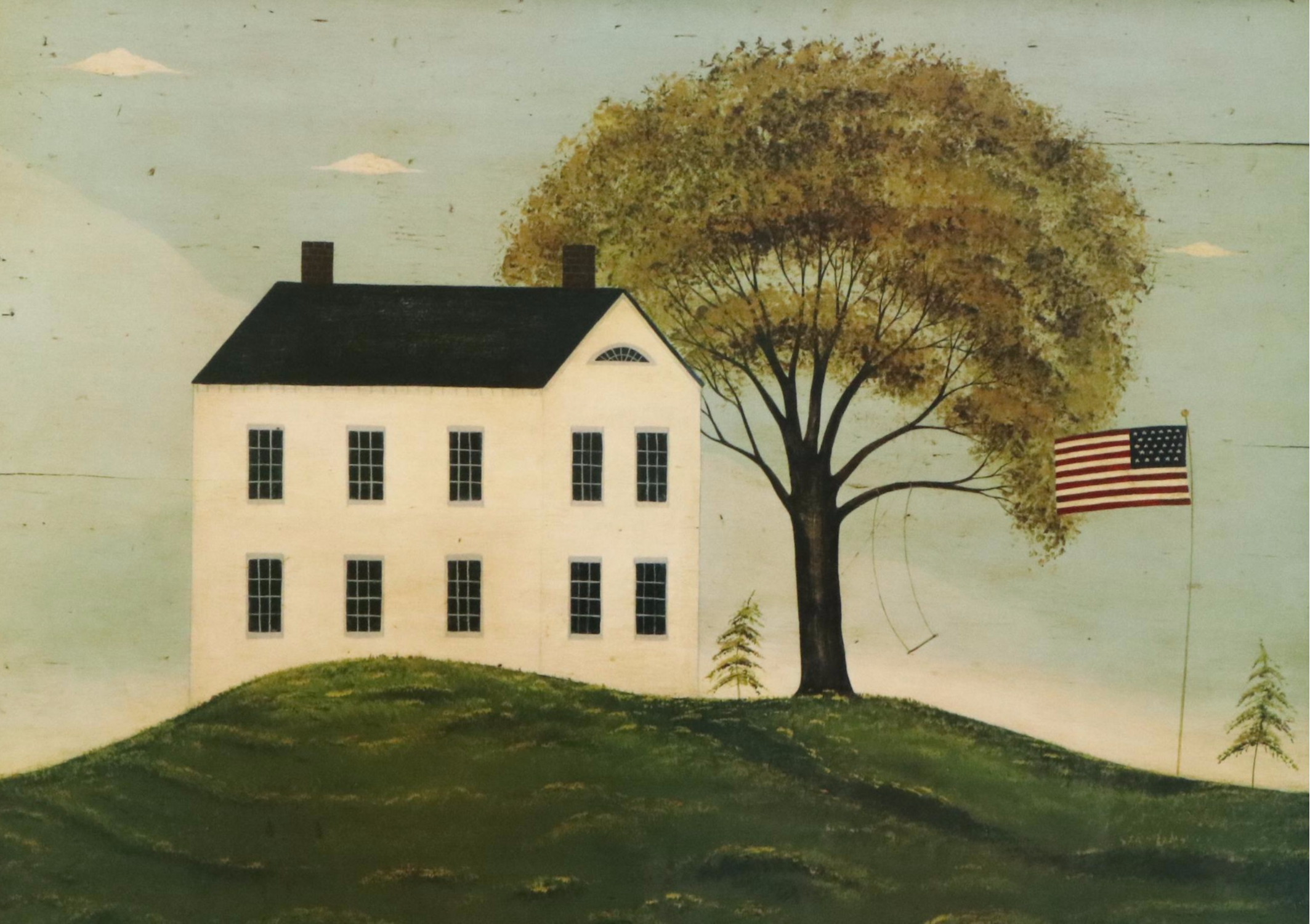 After Warren Kimble Folk Art Offset Lithograph "House with Flag"