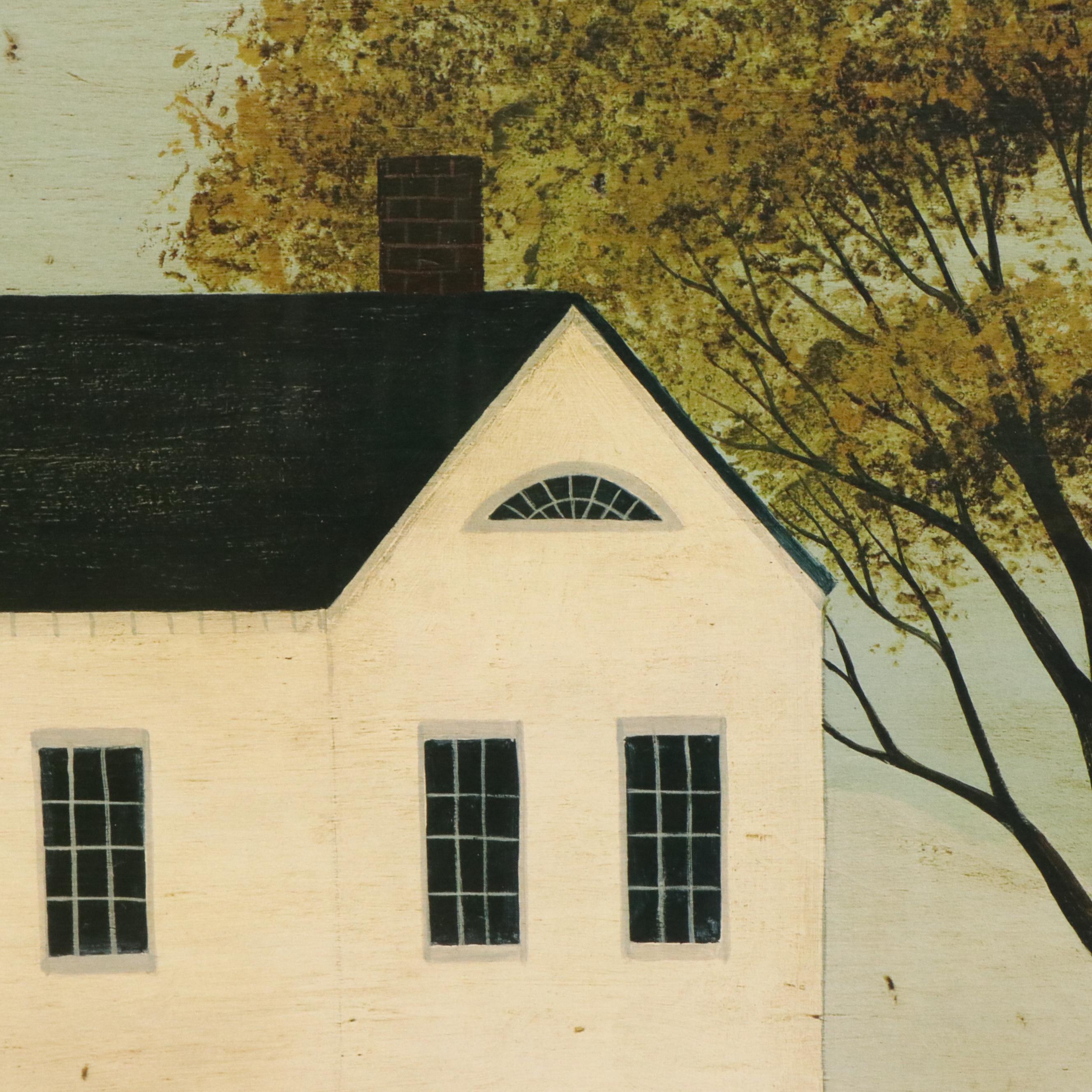 After Warren Kimble Folk Art Offset Lithograph "House with Flag"