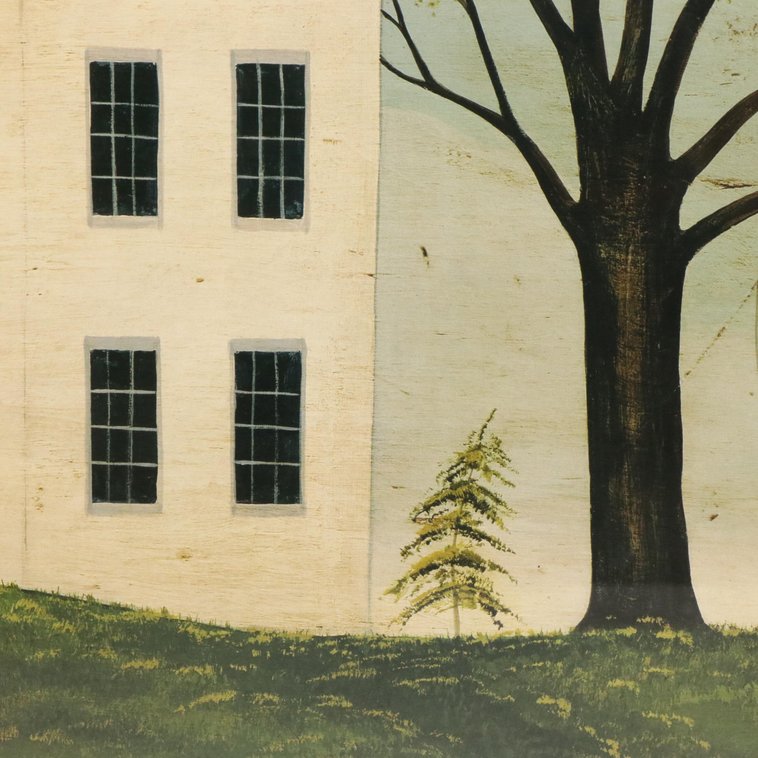 After Warren Kimble Folk Art Offset Lithograph "House with Flag"