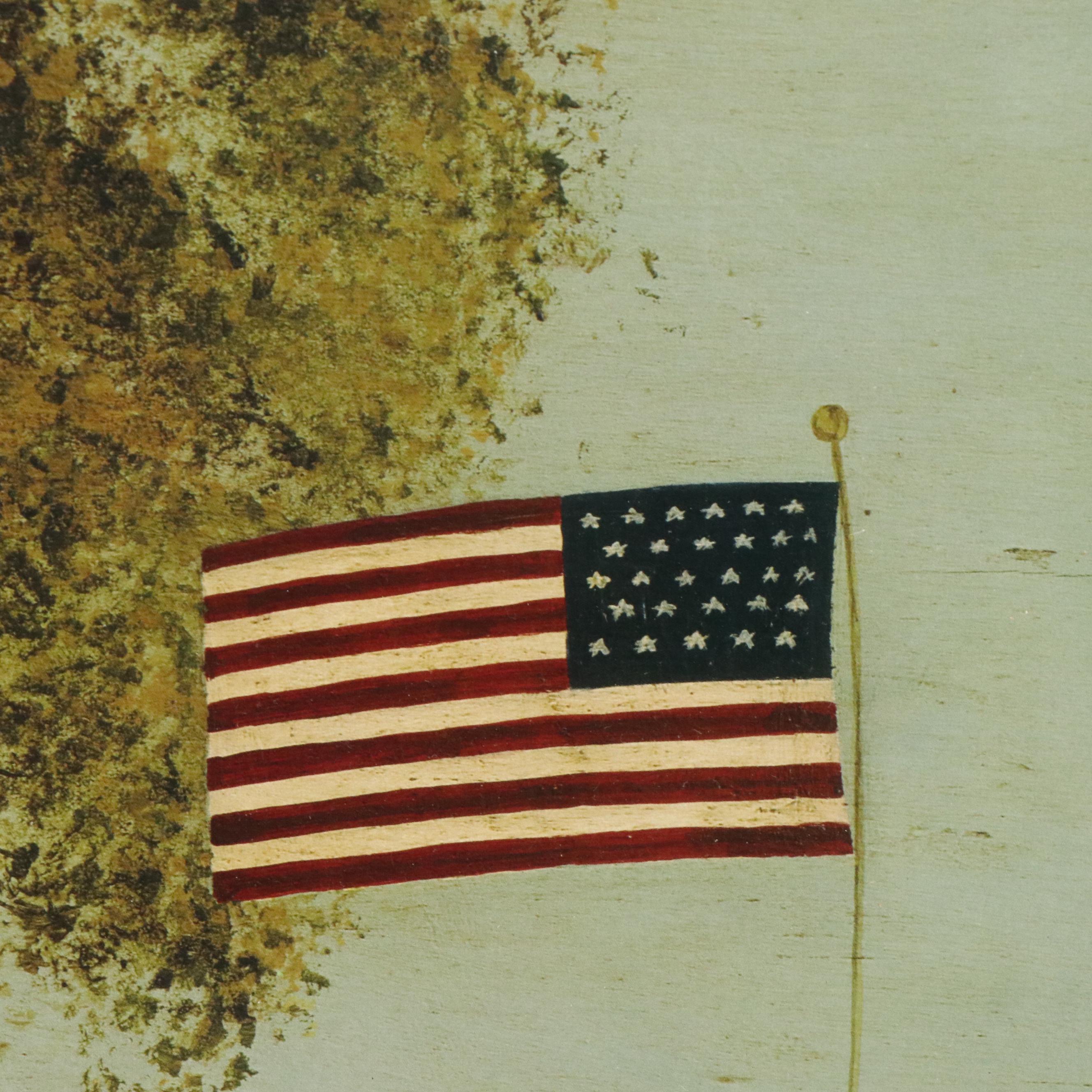 After Warren Kimble Folk Art Offset Lithograph "House with Flag"