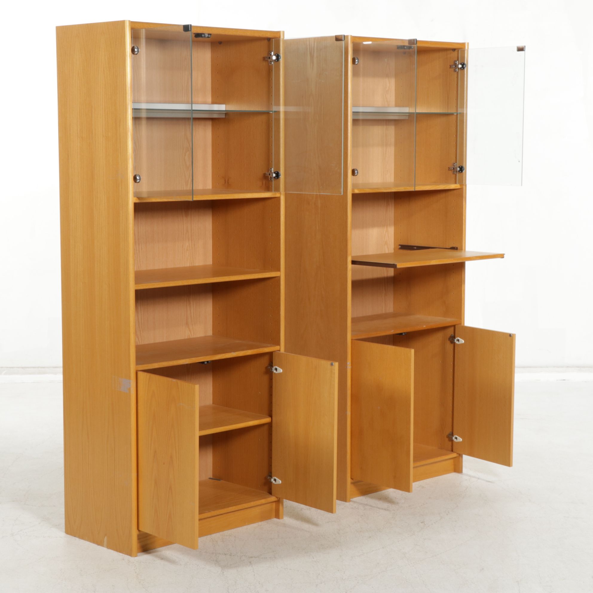 Two Oak Grain Finished Wall Unit Cabinets with Illuminated Display Shelves