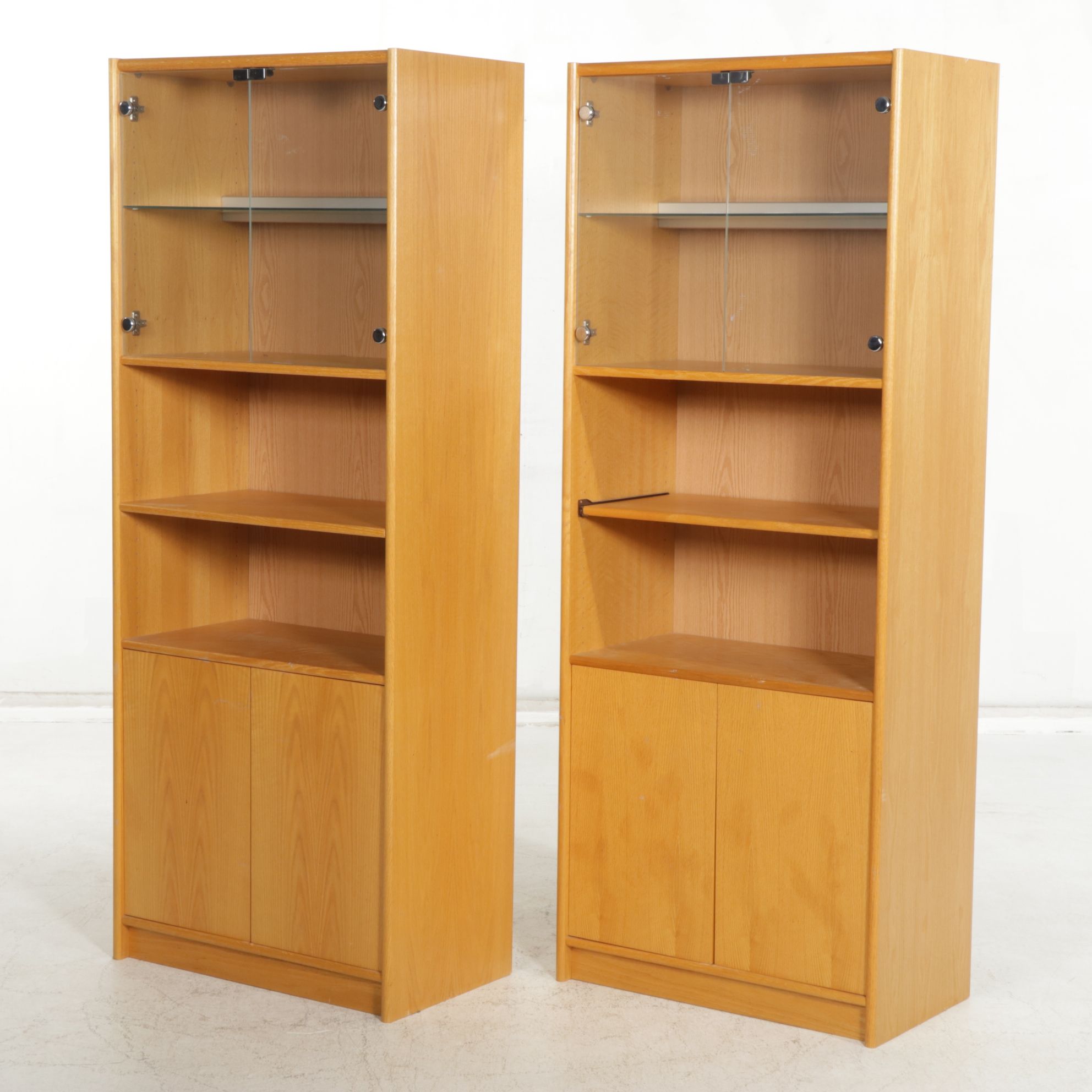 Two Oak Grain Finished Wall Unit Cabinets with Illuminated Display Shelves