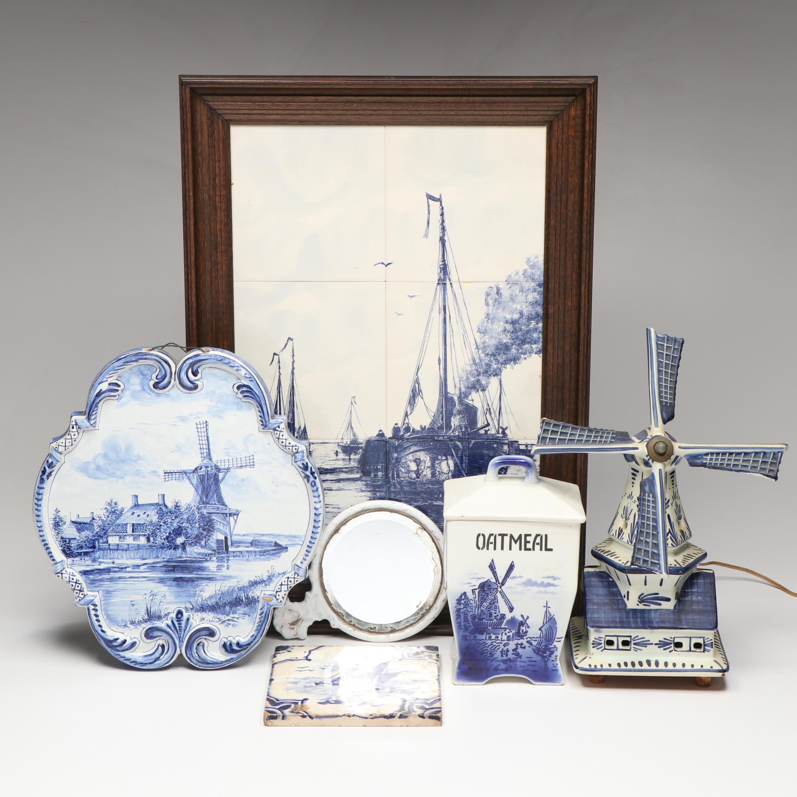 Framed Dutch Nautical Scene Delft with Windmill Lamp and Other Décor