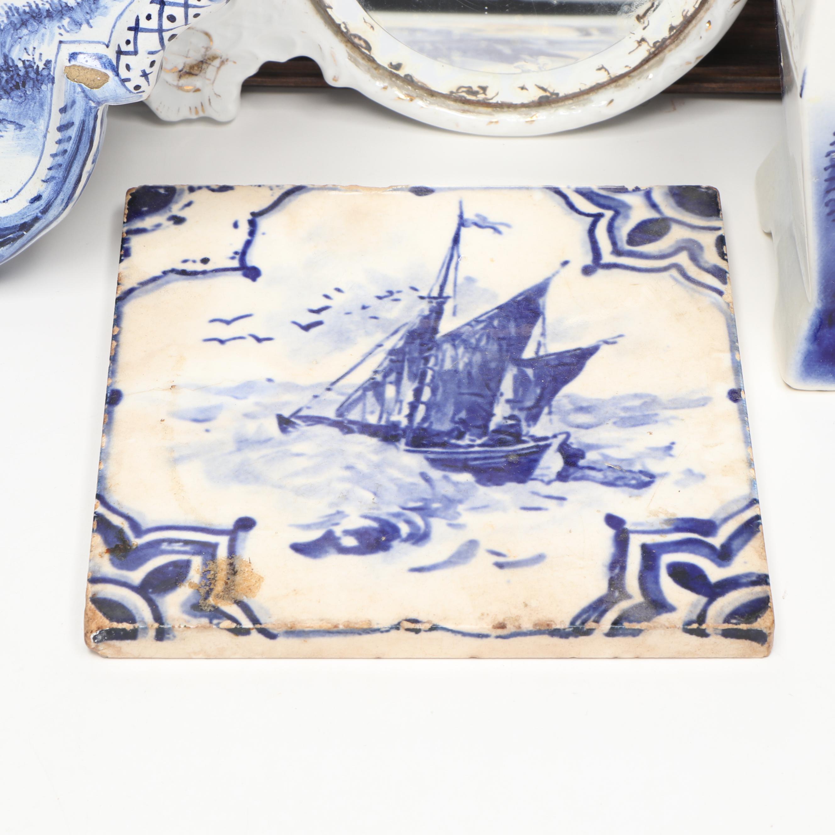 Framed Dutch Nautical Scene Delft with Windmill Lamp and Other Décor