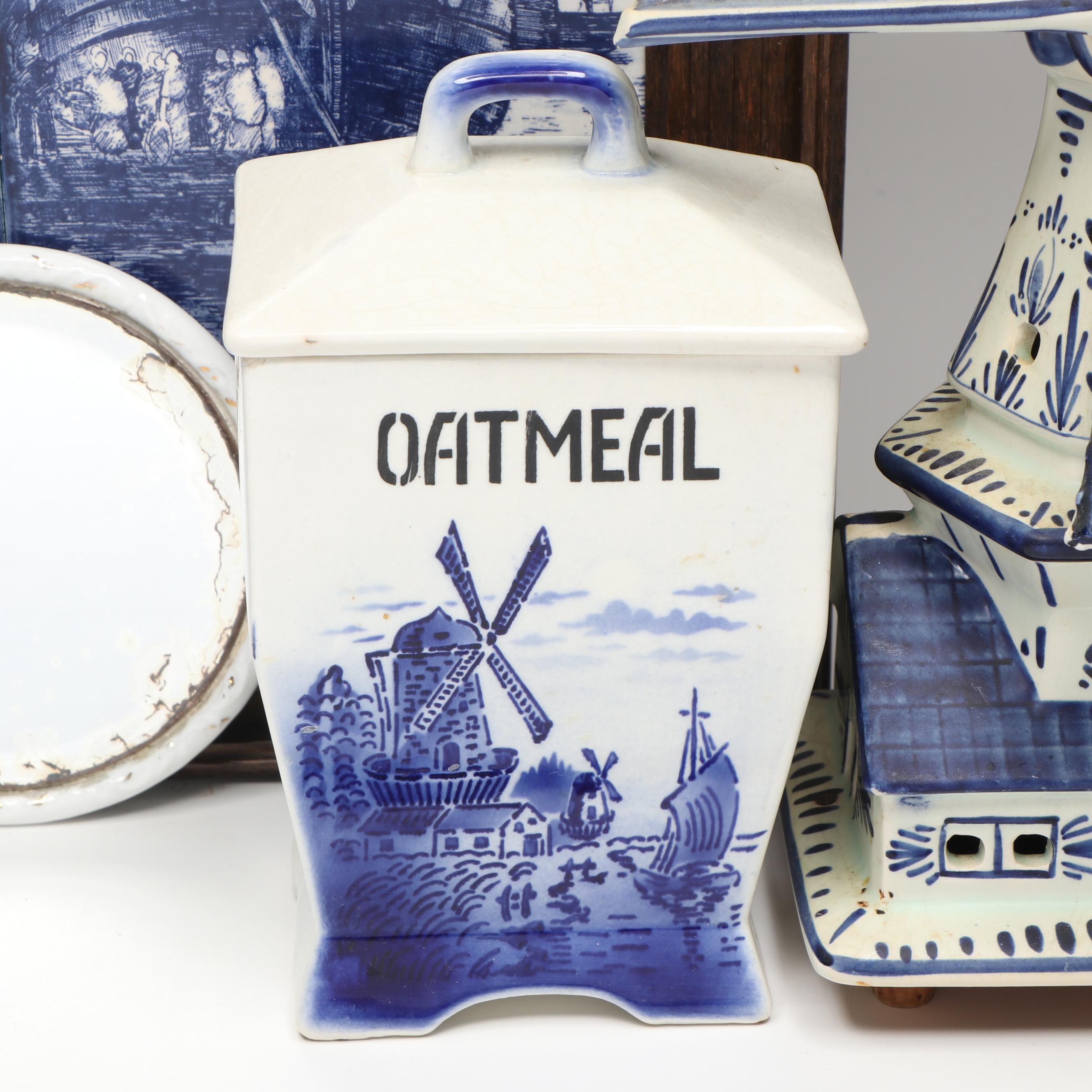 Framed Dutch Nautical Scene Delft with Windmill Lamp and Other Décor